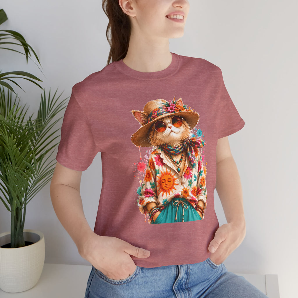 Boho Cat Graphic Tee — Floral Hat & Sunshine Cat T-Shirt