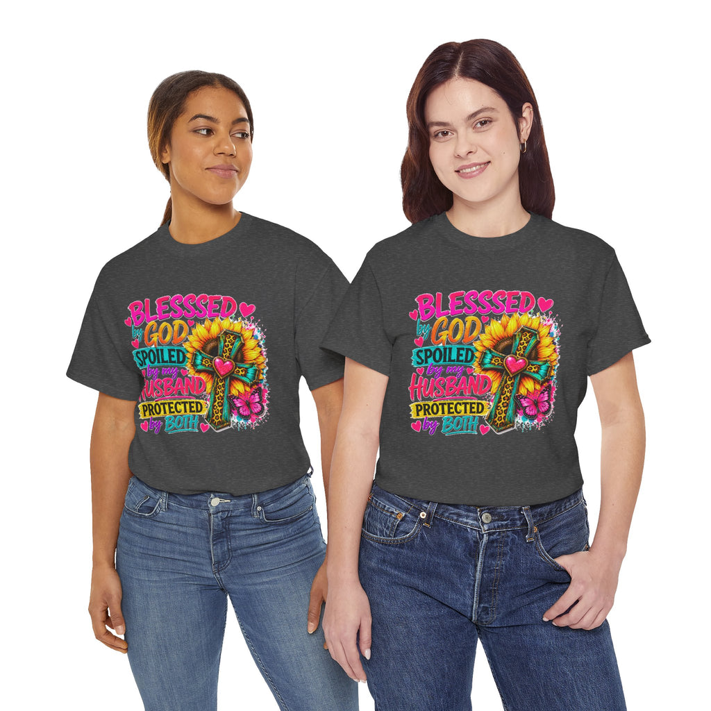 Blessed by God Spoiled by My Husband Tee — Christian Cross Floral Women's Shirt