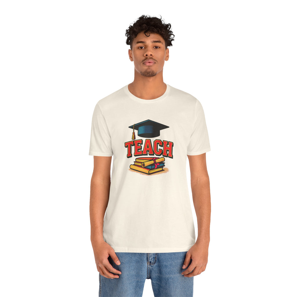 Teach Graduation T‑Shirt — Teacher Gift Tee with Cap & Books Design