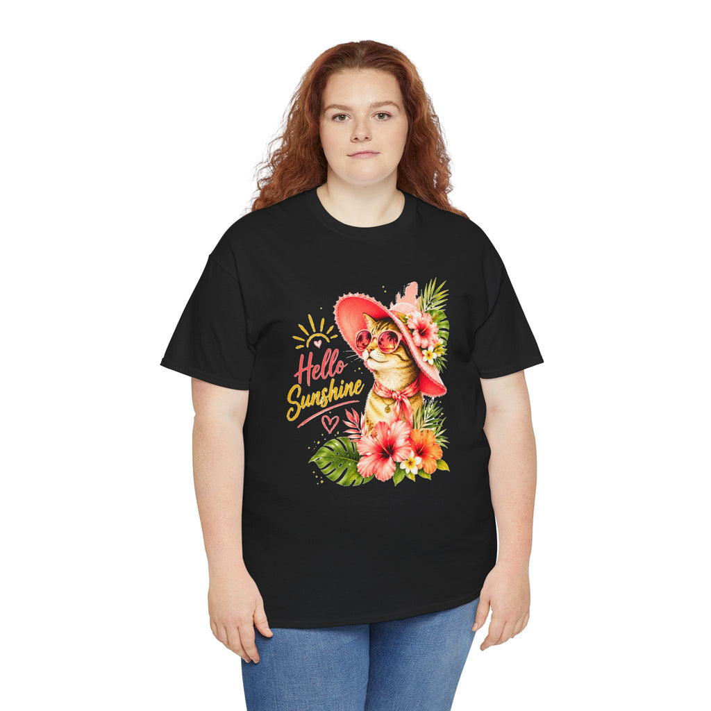 Hello Sunshine Cat Shirt | Cute Floral Cat T-Shirt | Tropical Summer Kitty Tee | Cat Lover Gift | Cute Women's Graphic Tee