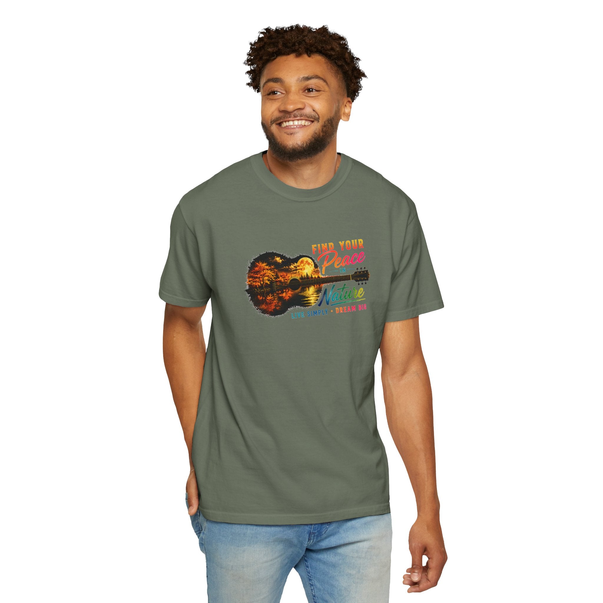 Acoustic Guitar Nature T-Shirt, Find Your Peace in Nature Tee, Music Lover Gift, Camping Shirt, Outdoor Graphic Tee, Hiking Shirt