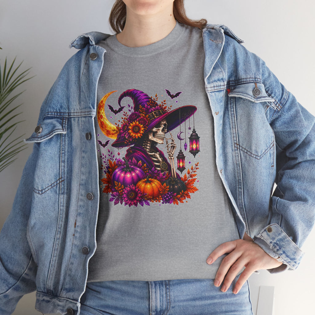 Halloween Witch Skeleton T-Shirt, Spooky Pumpkin Moon Tee, Gothic Fall Graphic Shirt, Halloween Gift for Her