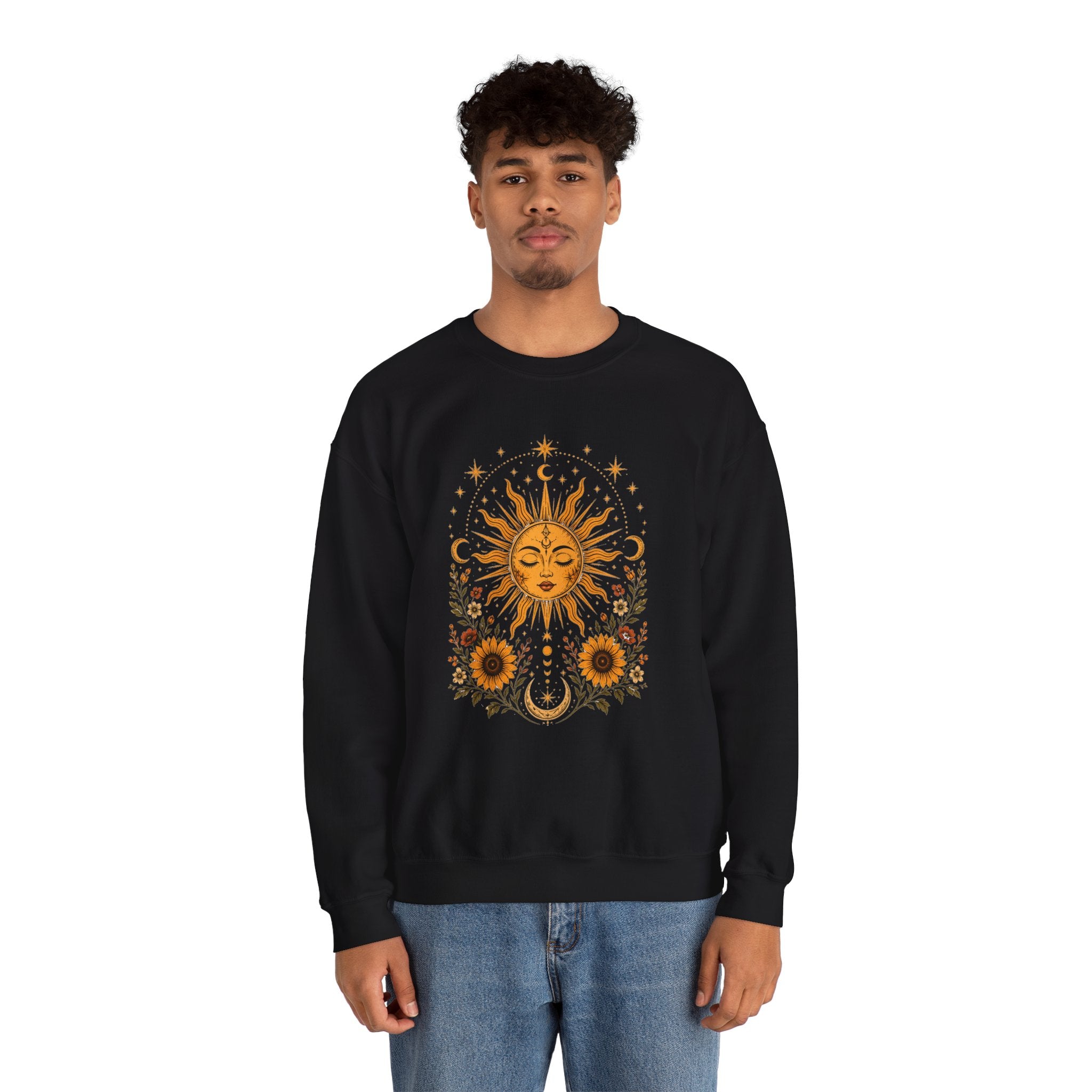 Sun & Sunflower Crewneck Sweatshirt, Boho Celestial Sweatshirt, Vintage Sun Graphic, Cozy Unisex Pullover, Gift for Her
