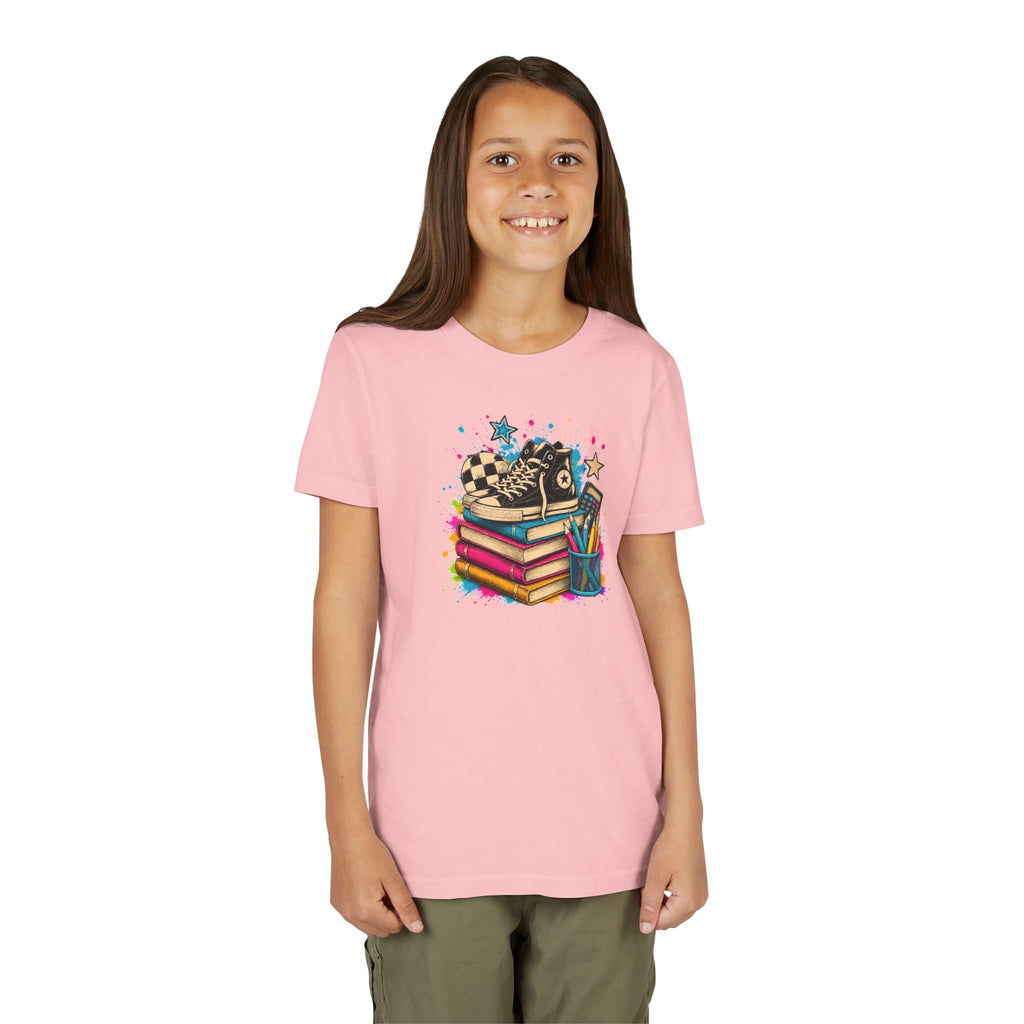 Kids Back-to-School Tee — Colorful Books, Sneakers & Pencils Graphic