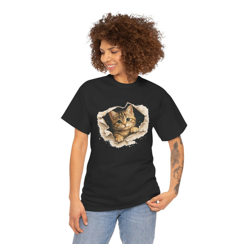 Cat Peeking Through Hole T-Shirt — Cute Kitten Graphic Tee