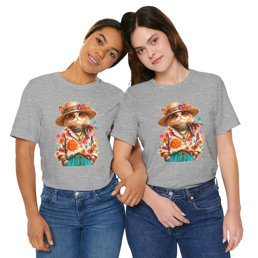 Boho Cat Graphic Tee — Floral Hat & Sunshine Cat T-Shirt
