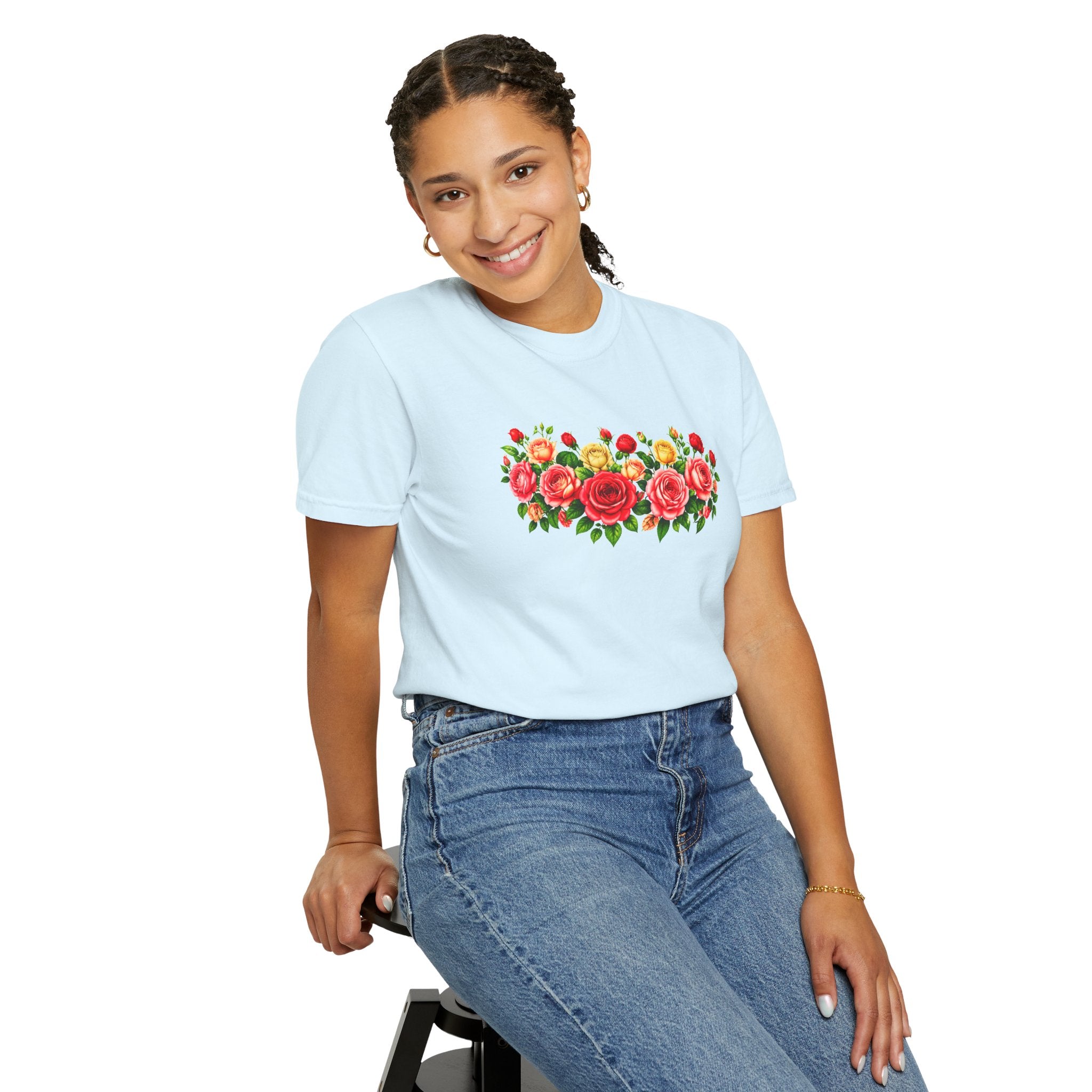 Colorful Floral T-Shirt for Women, Rose Flower Shirt, Botanical Graphic Tee, Cute Garden Shirt, Cottagecore Gift, Comfort Colors Tee