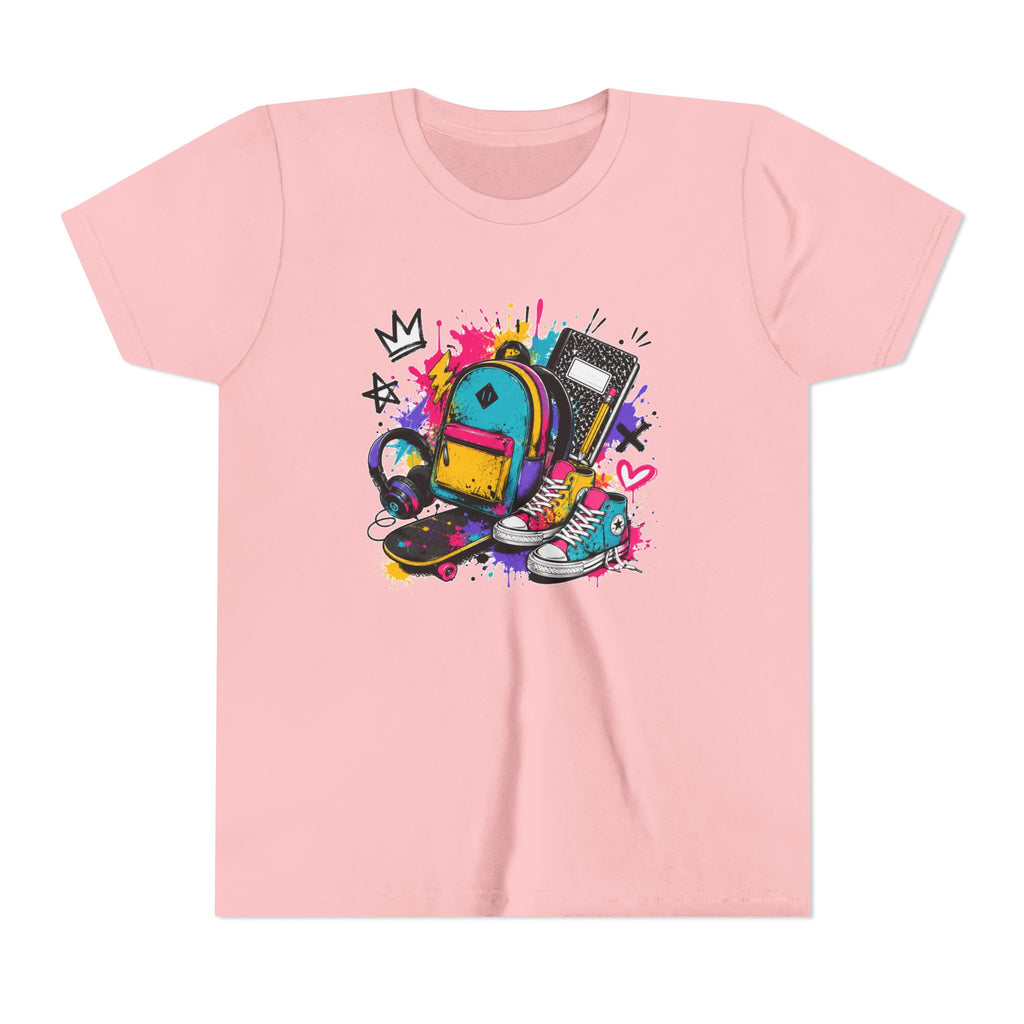 Youth Tee — Colorful Back-to-School Backpack Skateboard Graphic