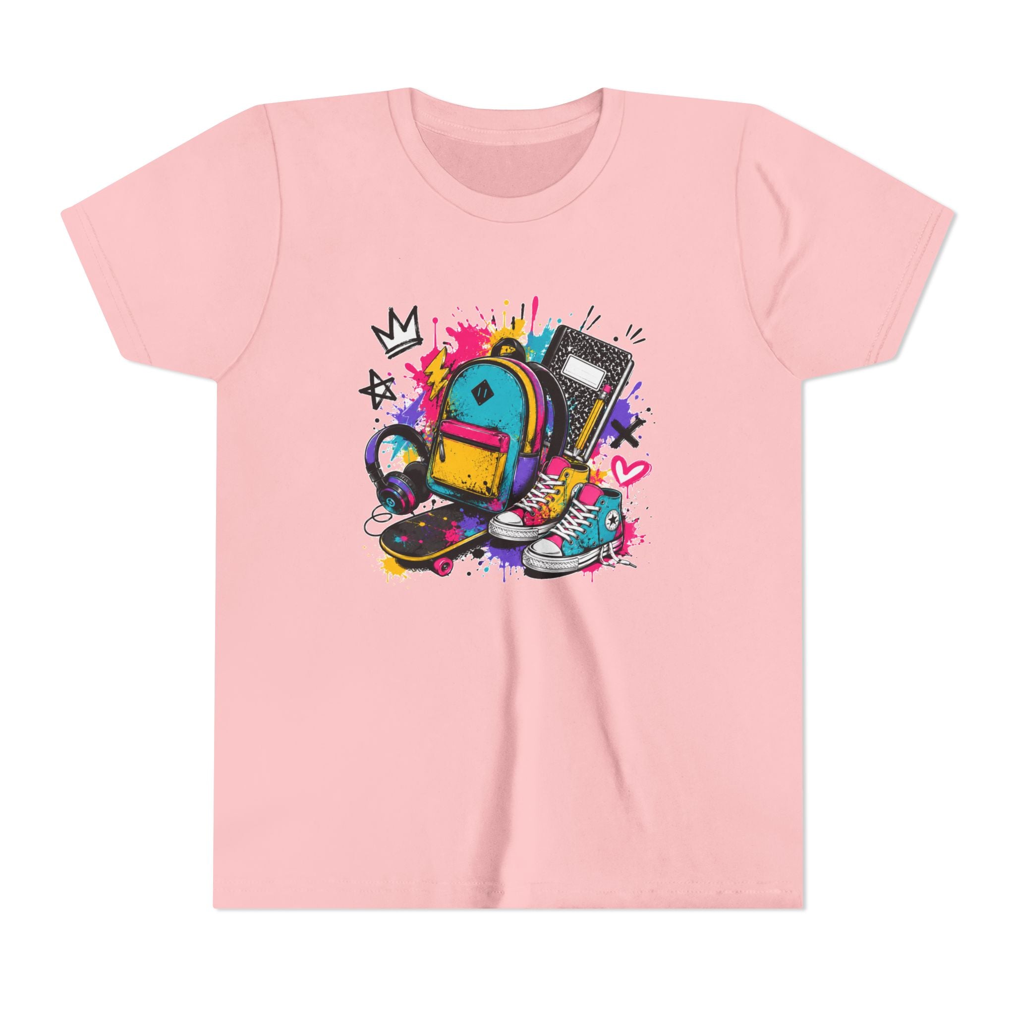 Youth Tee — Colorful Back-to-School Backpack Skateboard Graphic