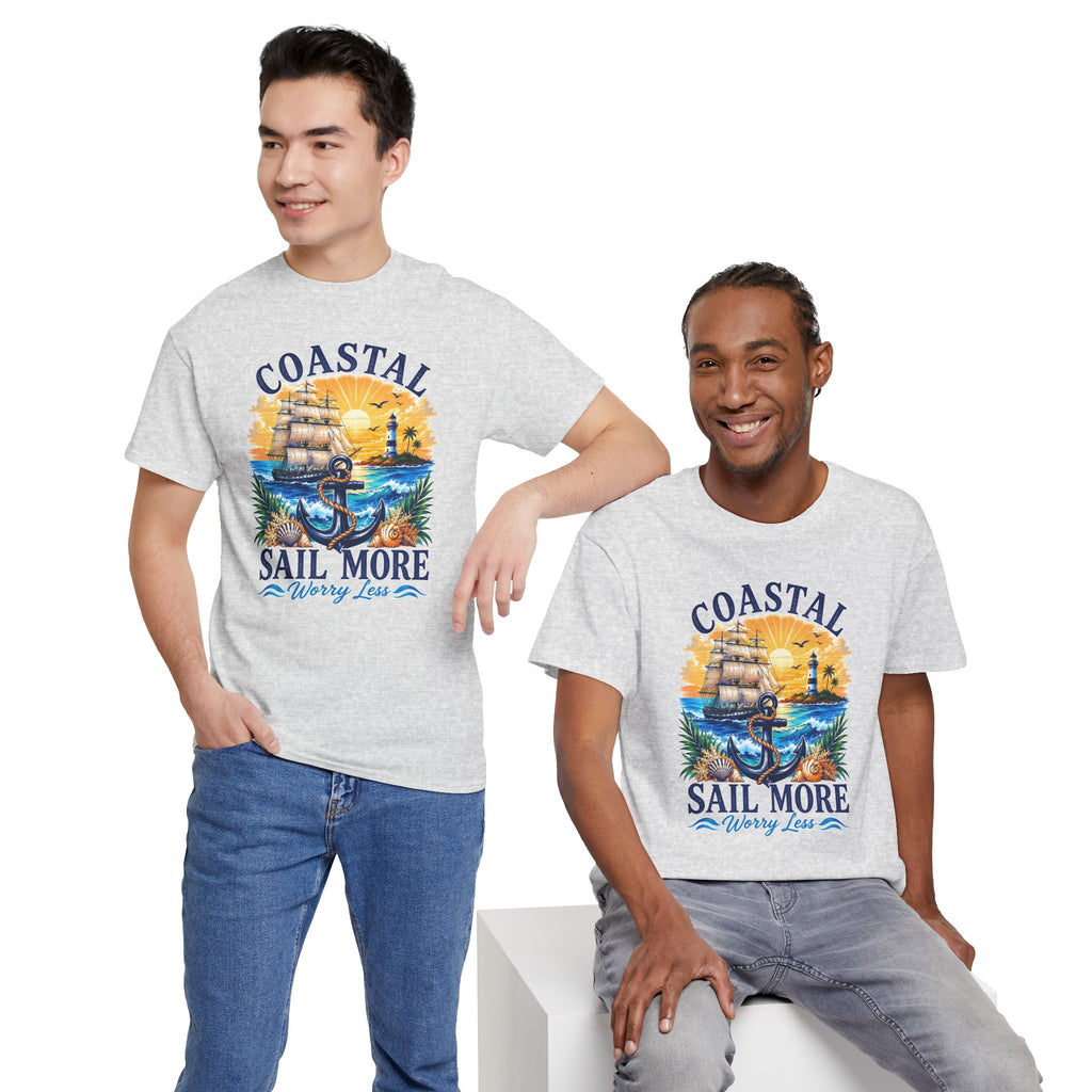 Coastal Sail More Worry Less T-Shirt | Nautical Beach Graphic Tee | Sailing Lover Shirt | Ocean Sunset Gift