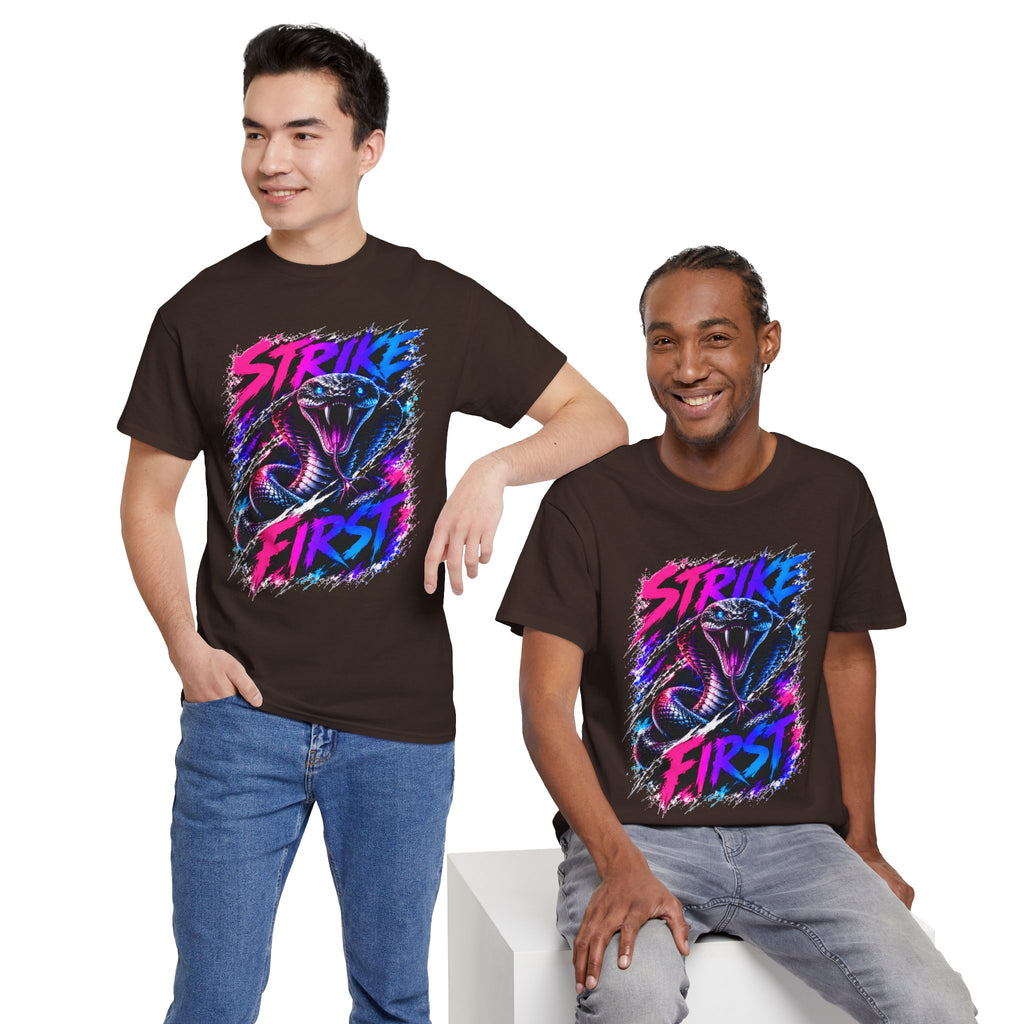 Strike First Cobra T-Shirt | Neon Snake Graphic Tee | Bold Streetwear Shirt | Unisex Graphic Tee