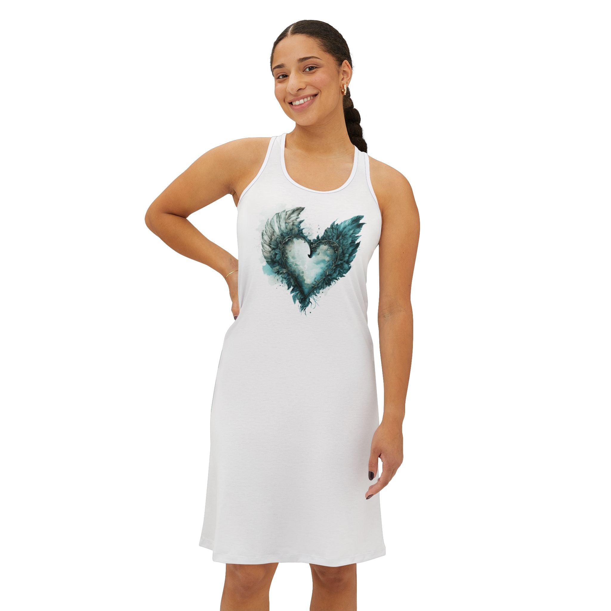 Boho Heart Racerback Dress, Feather Heart Summer Dress, Cute Beach Sundress for Women
