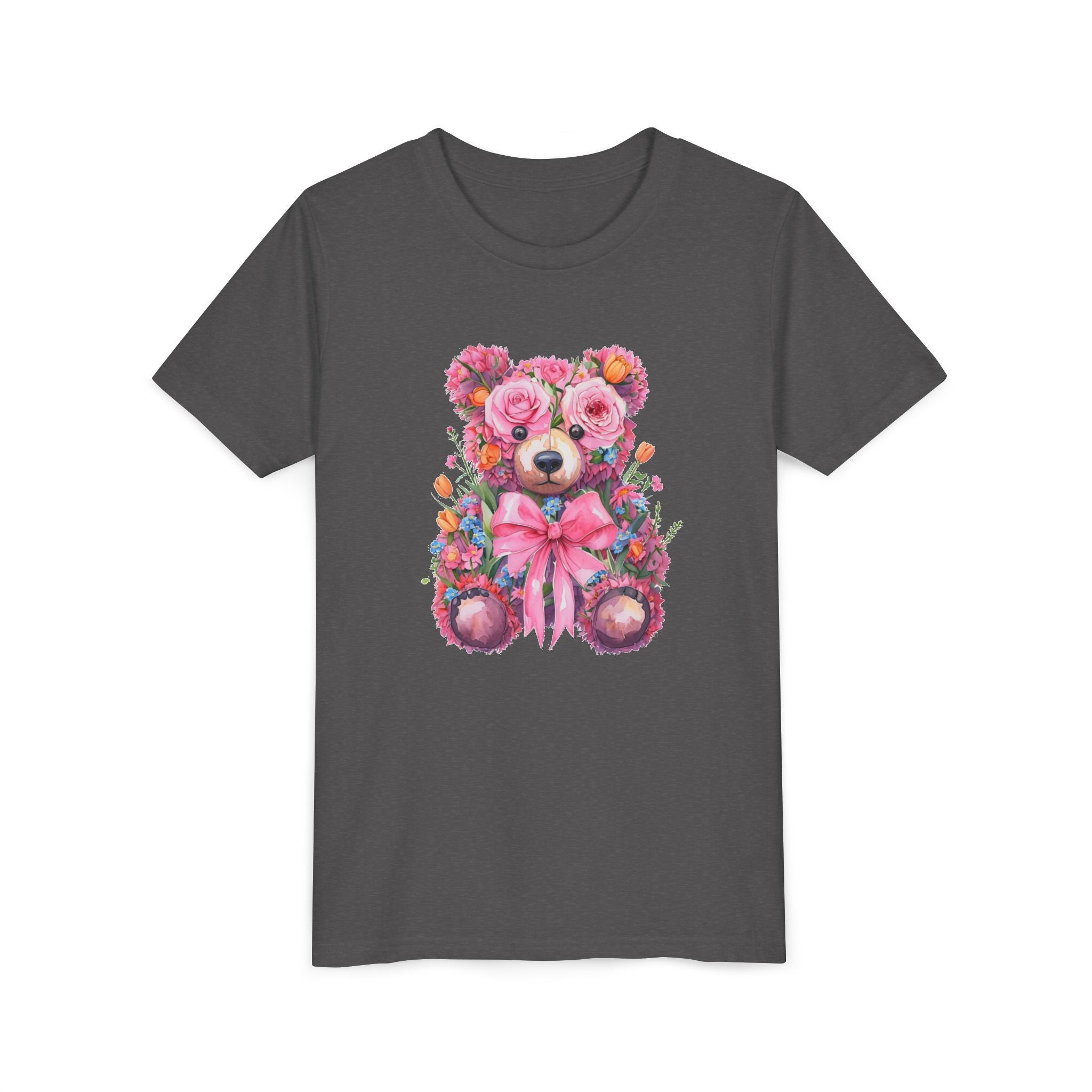 Floral Teddy Bear Kids T-Shirt, Cute Pink Bear Tee, Flower Bear Youth Shirt, Gift for Girls
