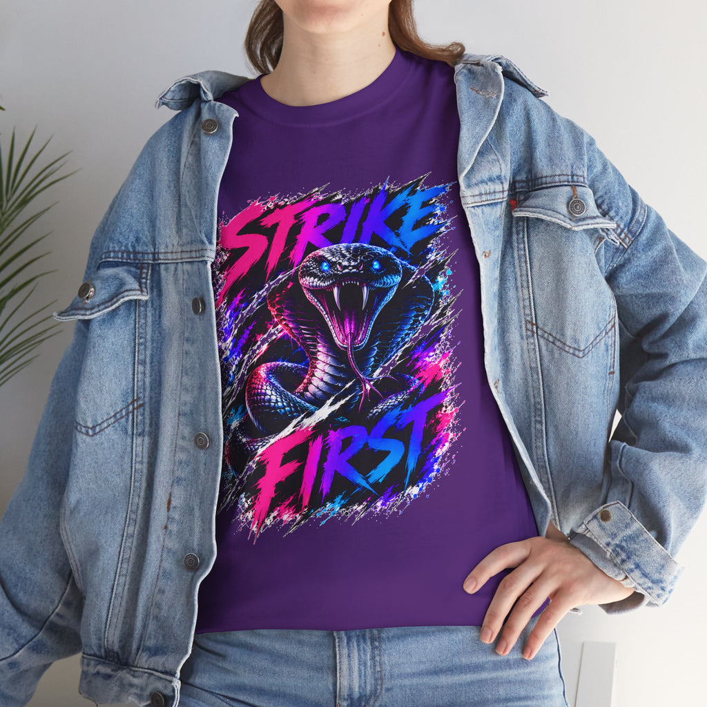 Strike First Cobra T-Shirt | Neon Snake Graphic Tee | Bold Streetwear Shirt | Unisex Graphic Tee