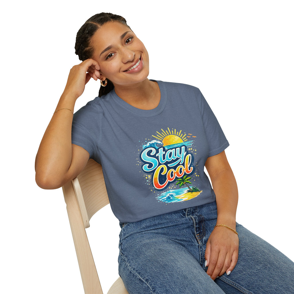 Stay Cool Beach T-Shirt — Vintage Sunset Palm Island Graphic