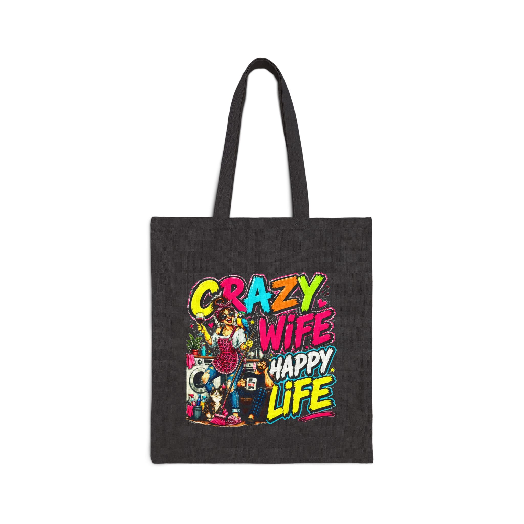 Crazy Wife Happy Life Tote Bag, Funny Wife Gift, Funny Marriage Canvas Bag, Wife Humor Gift, Anniversary Gift, Reusable Shopping Tote