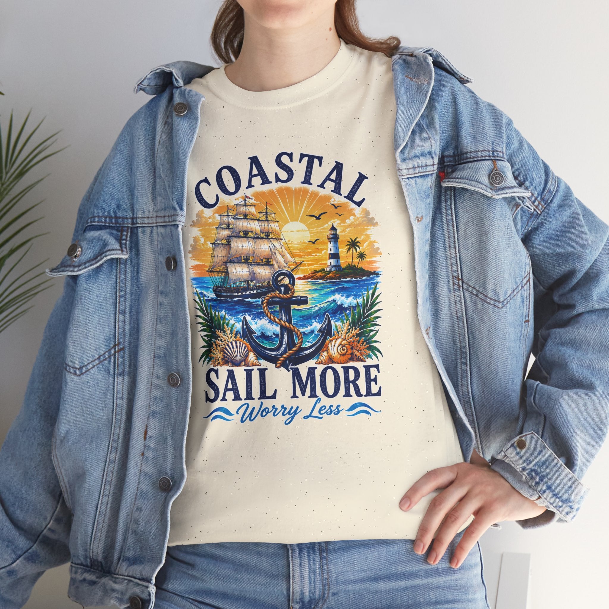 Coastal Sail More Worry Less T-Shirt | Nautical Beach Graphic Tee | Sailing Lover Shirt | Ocean Sunset Gift