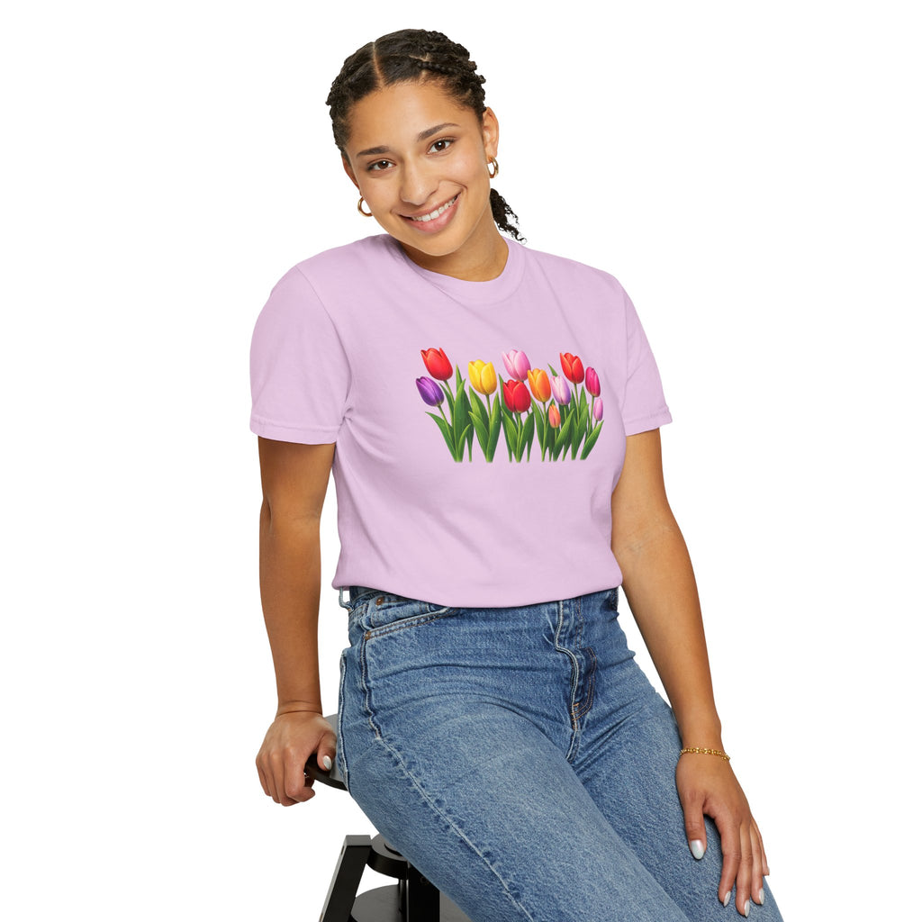Colorful Tulip Shirt, Floral T-Shirt for Women, Botanical Graphic Tee, Spring Garden Shirt, Comfort Colors Tee