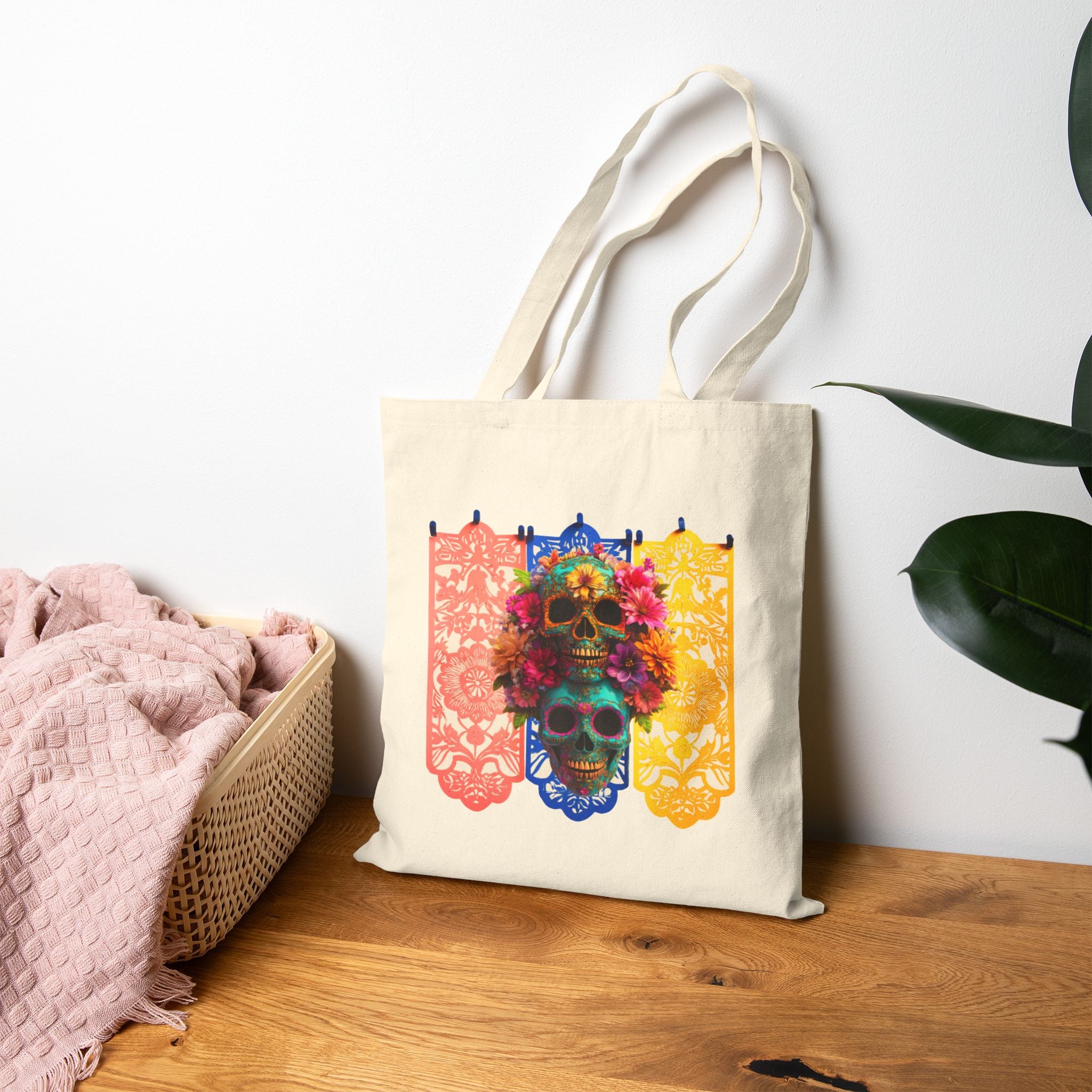 Day of the Dead Floral Skull Tote Bag, Sugar Skull Bag, Dia de los Muertos Tote