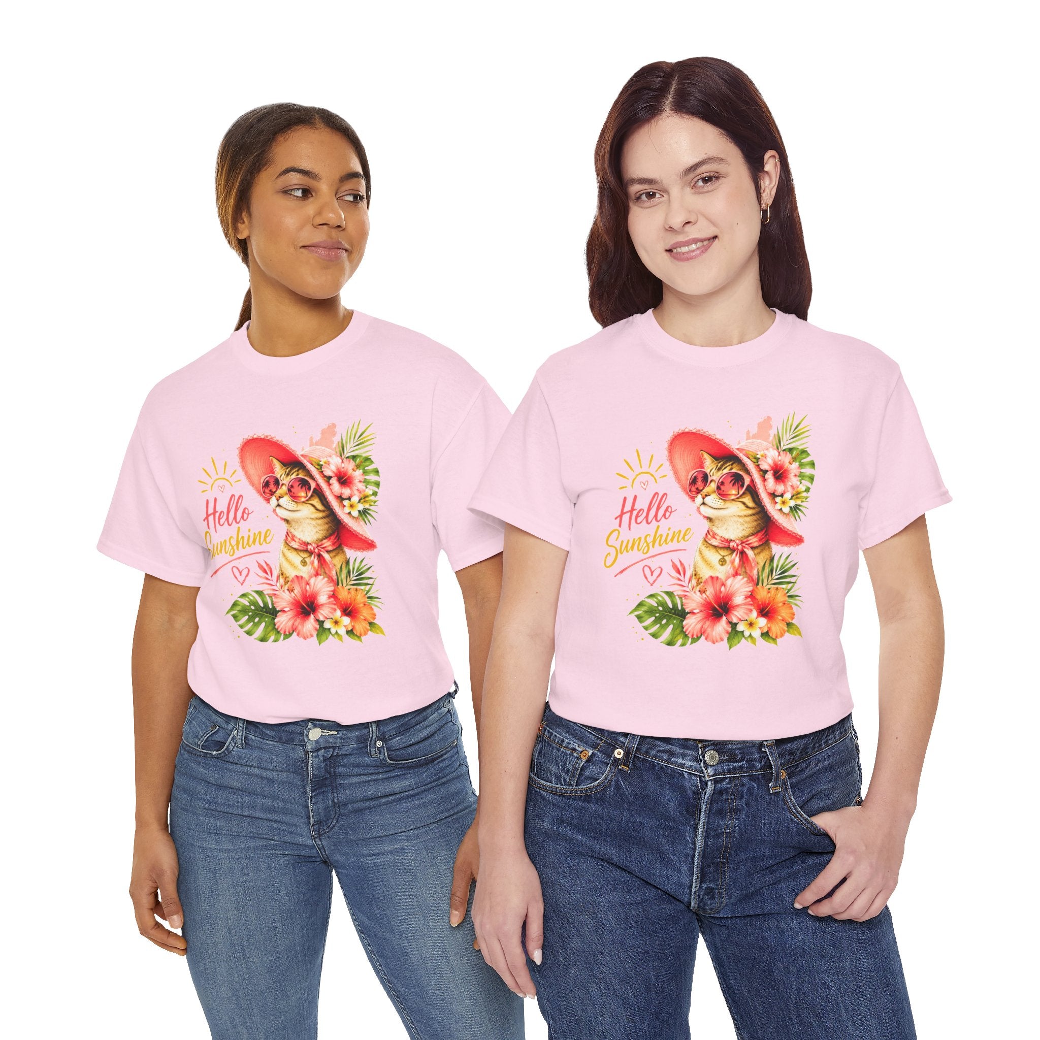 Hello Sunshine Cat Shirt | Cute Floral Cat T-Shirt | Tropical Summer Kitty Tee | Cat Lover Gift | Cute Women's Graphic Tee