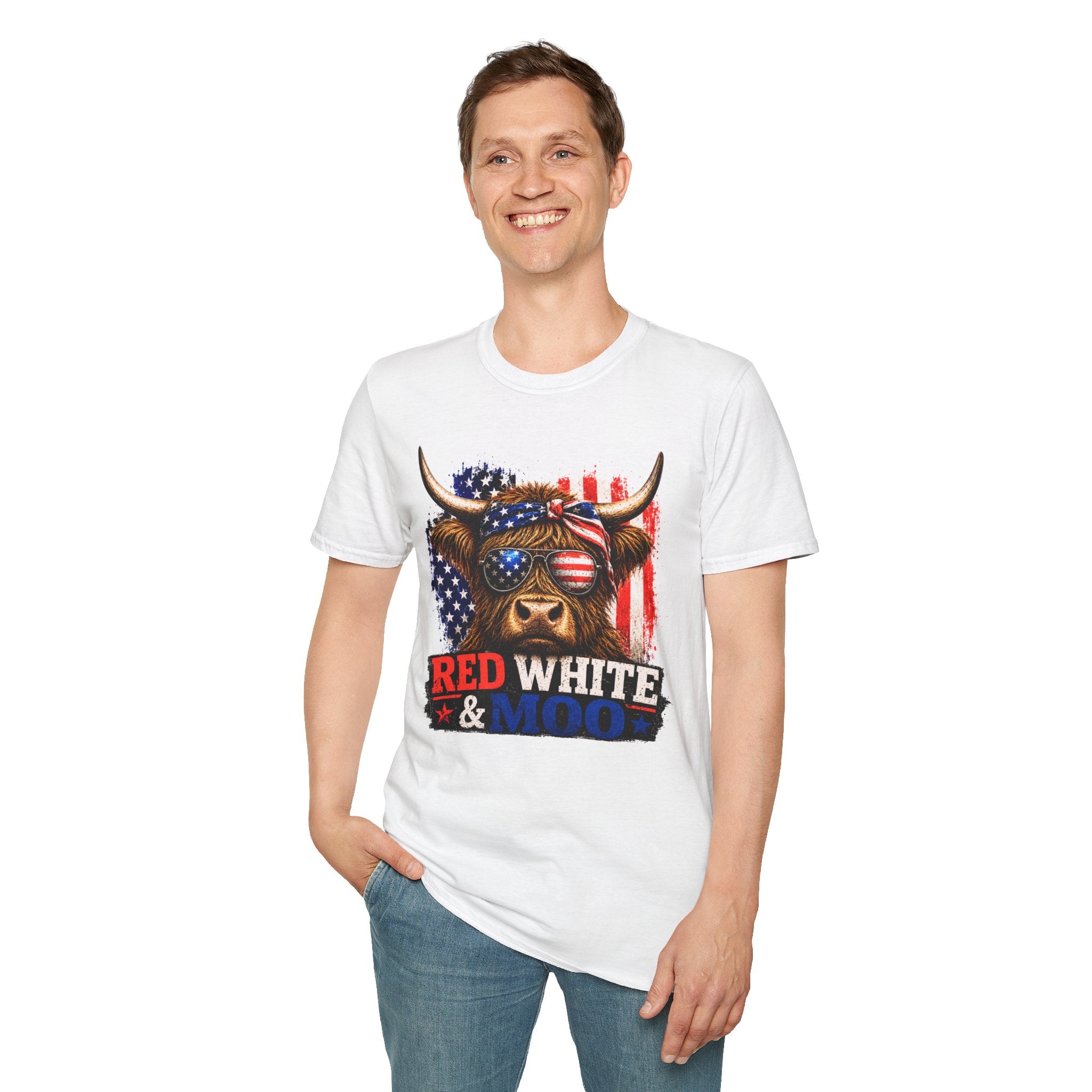 Patriotic Cow Graphic T-Shirt — "Red White & Moo" American Flag Tee