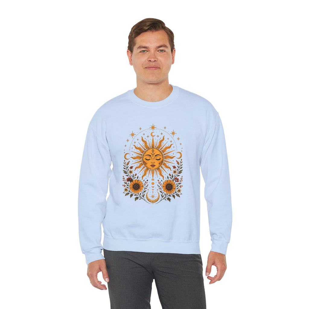 Sun & Sunflower Crewneck Sweatshirt, Boho Celestial Sweatshirt, Vintage Sun Graphic, Cozy Unisex Pullover, Gift for Her