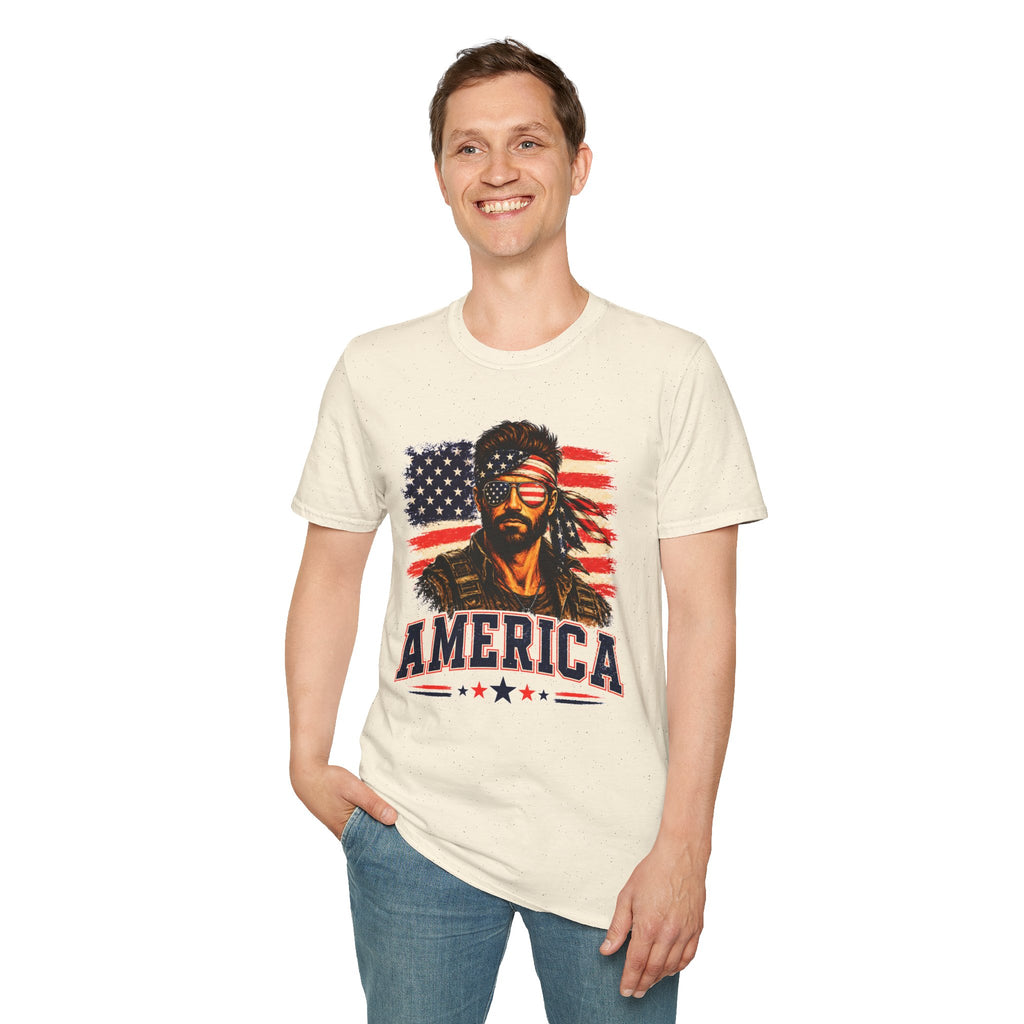 Patriotic Bandana Man T-Shirt — USA Flag Graphic Tee ("America")