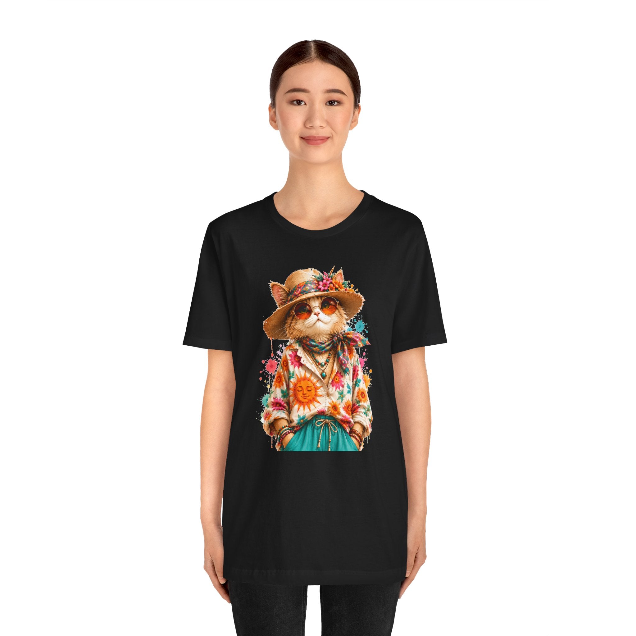 Boho Cat Graphic Tee — Floral Hat & Sunshine Cat T-Shirt