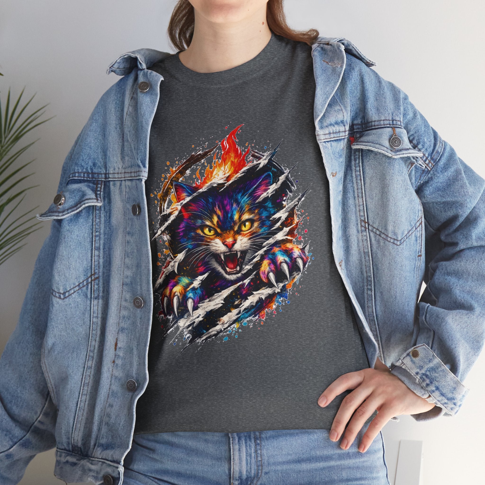 Colorful Angry Cat Rip Through Graphic Tee | Neon Cat T-Shirt | Unisex Streetwear Shirt | Fierce Cat Art | Gift for Cat Lovers