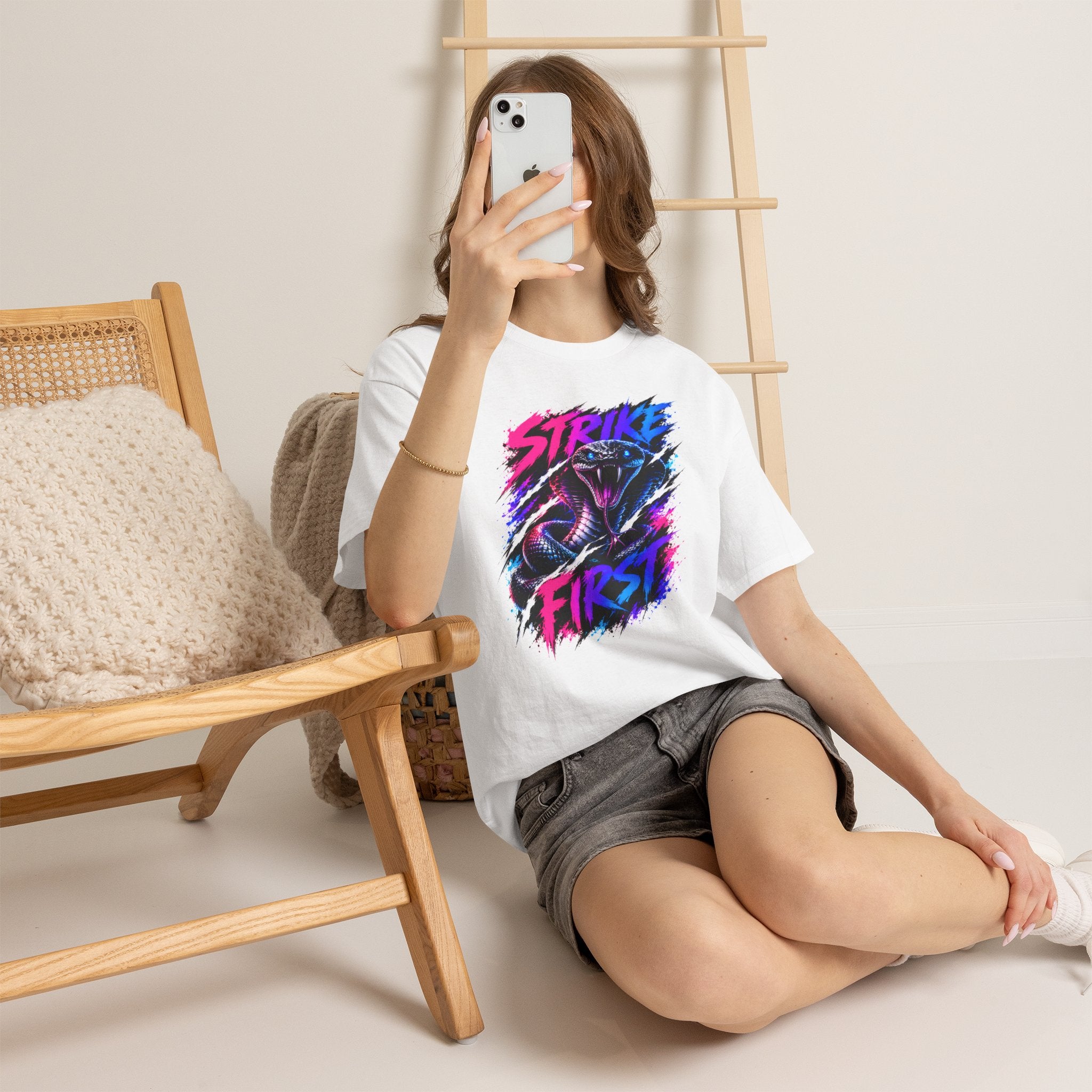 Strike First Cobra T-Shirt | Neon Snake Graphic Tee | Bold Streetwear Shirt | Unisex Graphic Tee
