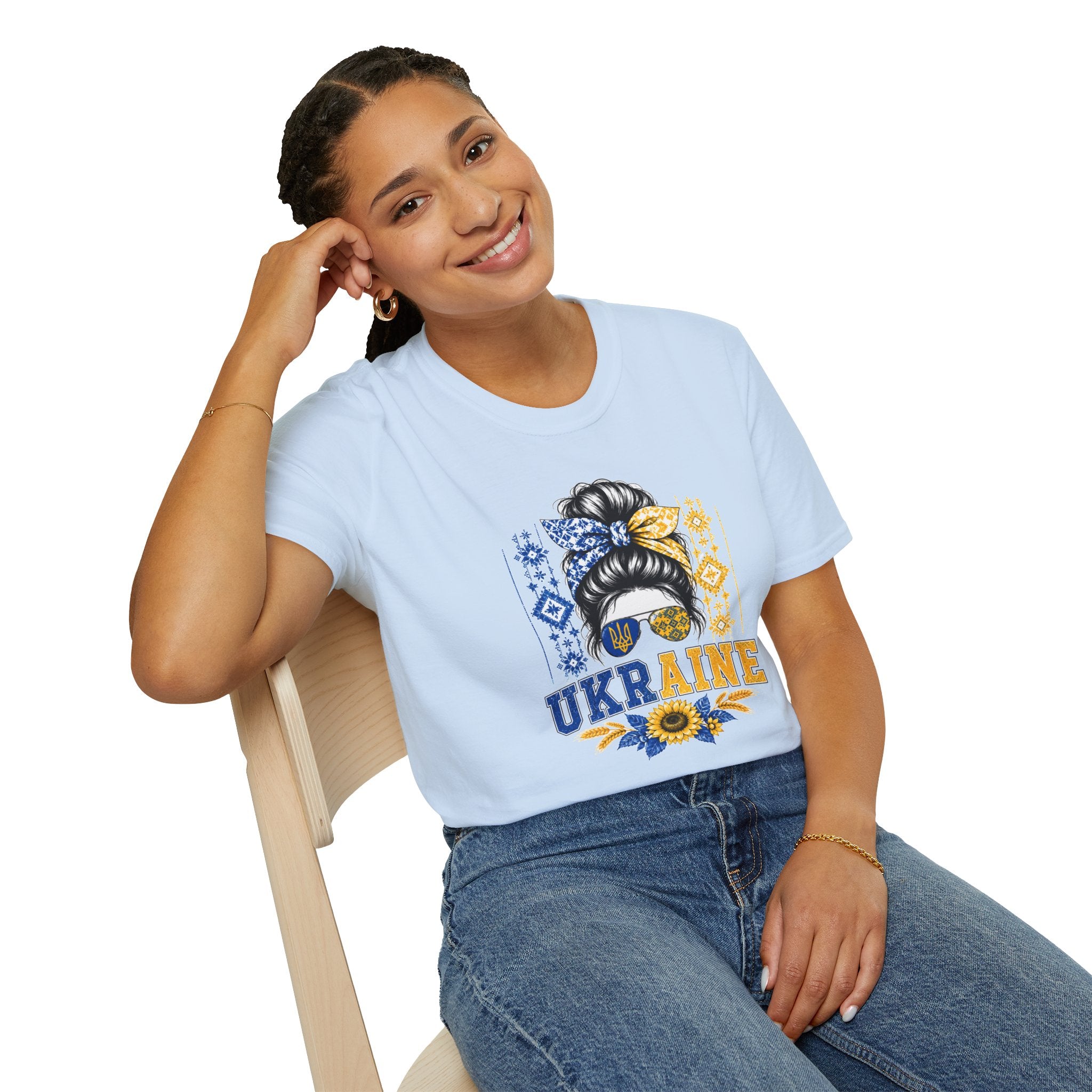 Ukraine Sunflower Hair Bun T-Shirt — Messy Bun with Blue & Yellow Bandana