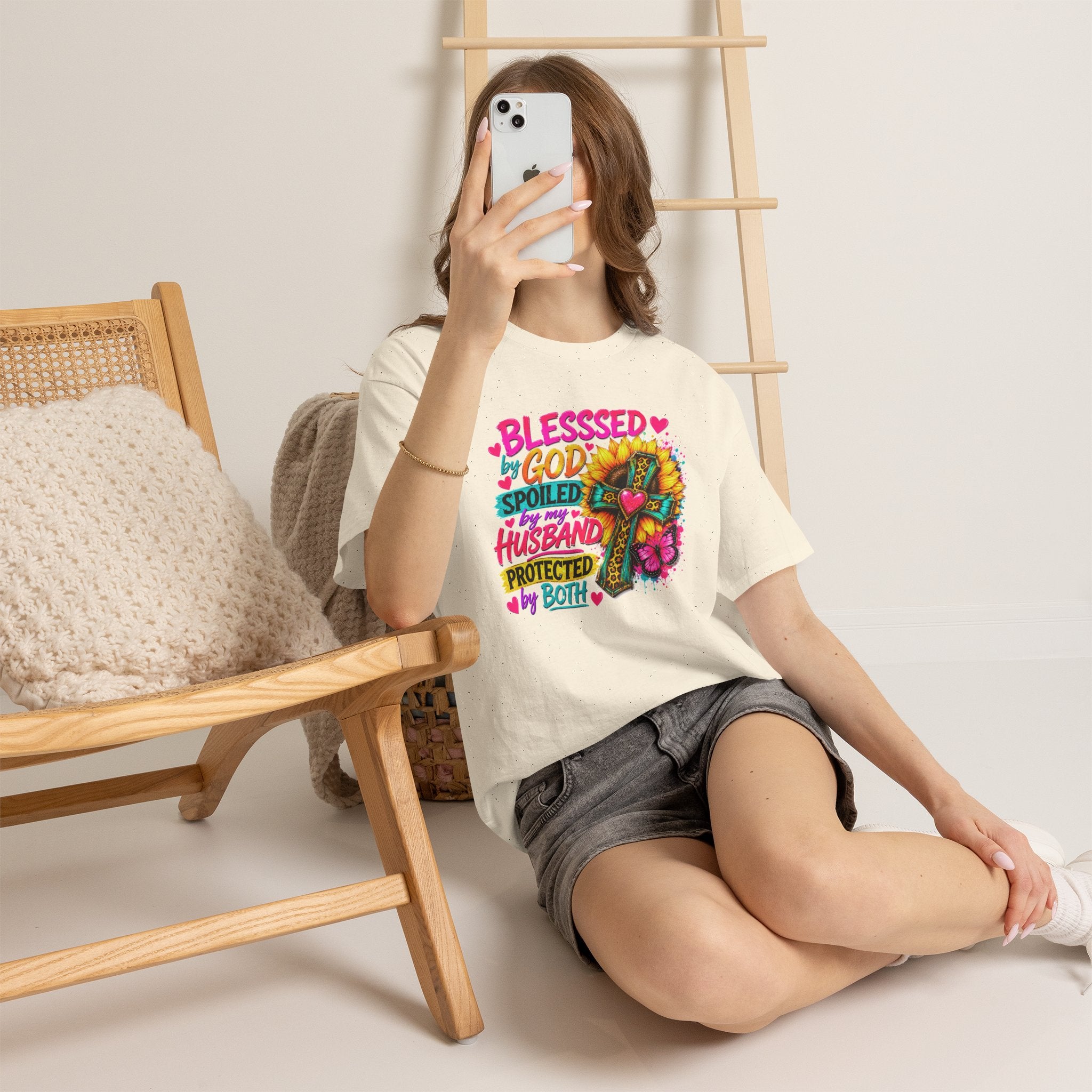 Blessed by God Spoiled by My Husband Shirt, Christian Floral Cross Tee, Faith Graphic T-Shirt for Women, Religious Gift for Wife, Cute Church Shirt