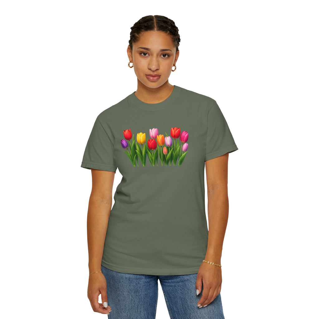 Colorful Tulip Shirt, Floral T-Shirt for Women, Botanical Graphic Tee, Spring Garden Shirt, Comfort Colors Tee