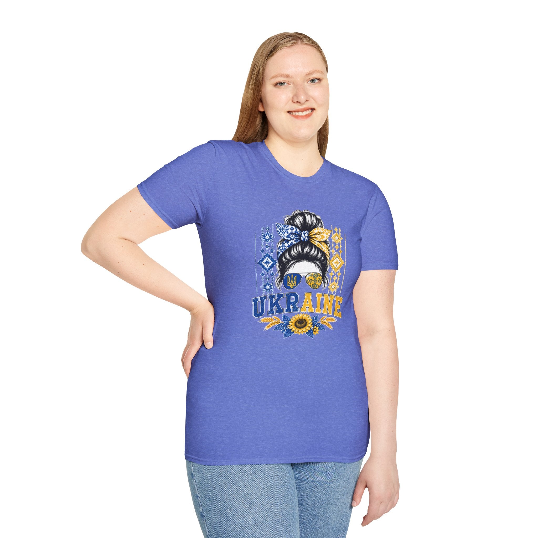 Ukraine Sunflower Hair Bun T-Shirt — Messy Bun with Blue & Yellow Bandana