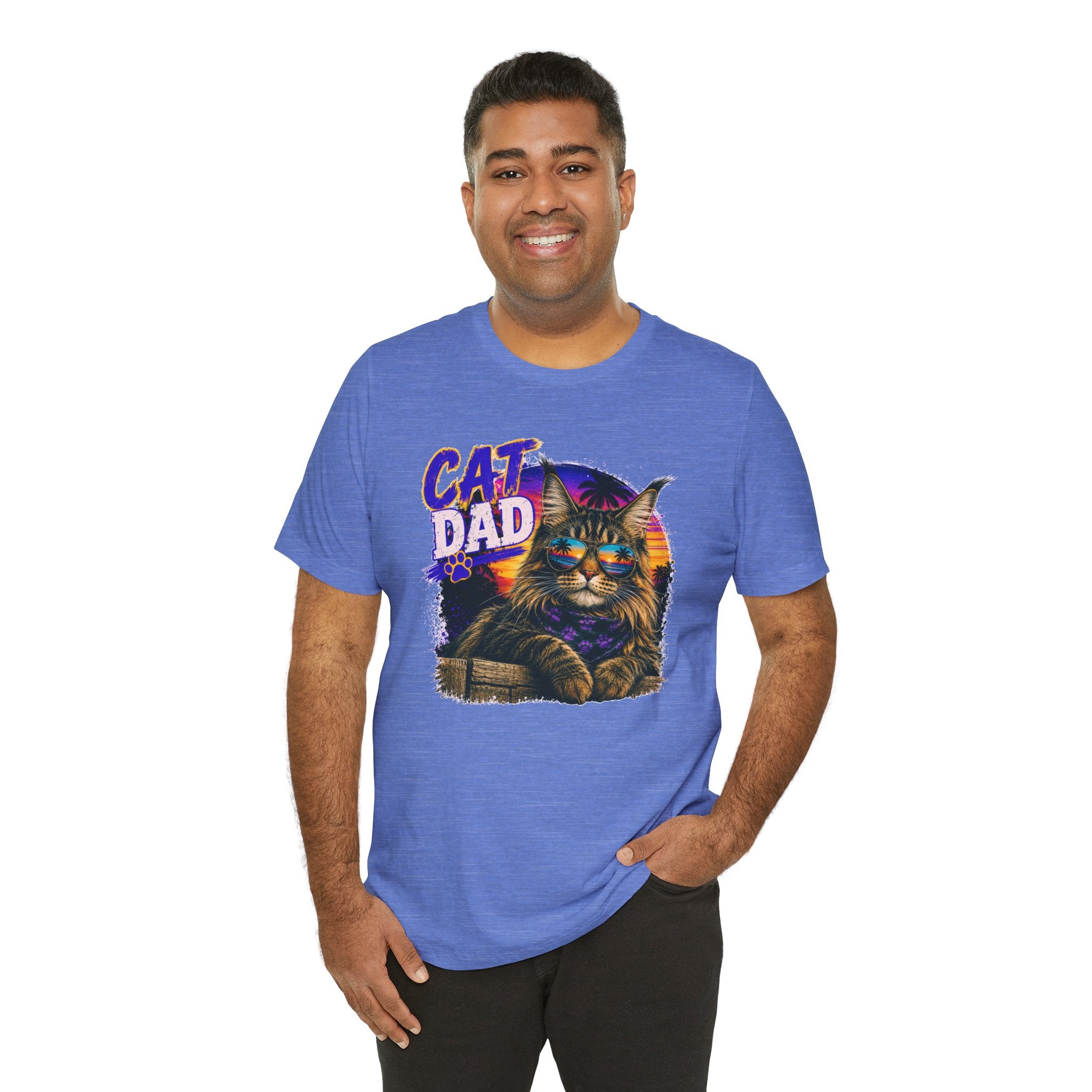 Cat Dad Maine Coon T-Shirt | Retro Sunset Cat Lover Shirt | Funny Cat Dad Gift | Vintage Graphic Tee for Men
