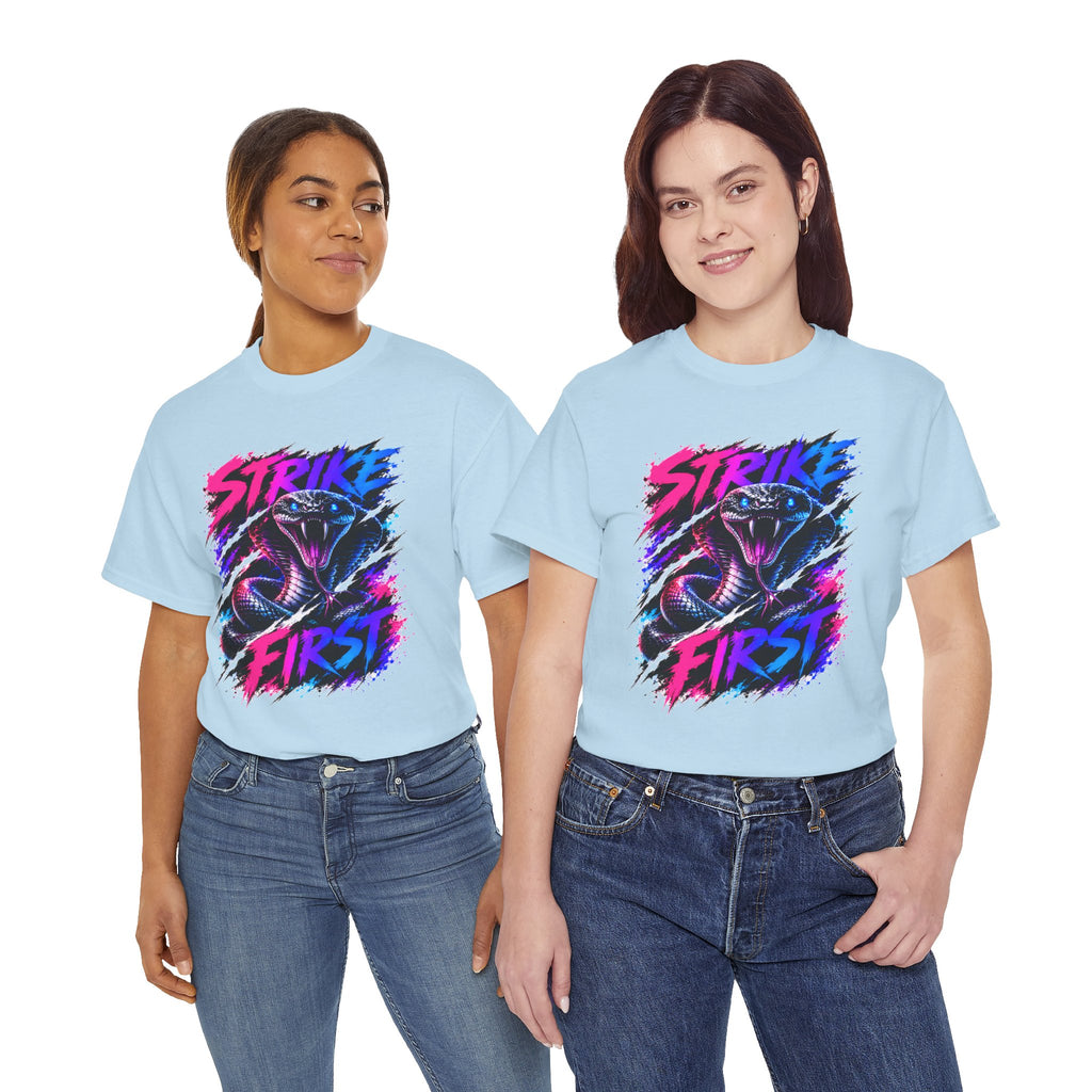 Strike First Cobra T-Shirt | Neon Snake Graphic Tee | Bold Streetwear Shirt | Unisex Graphic Tee