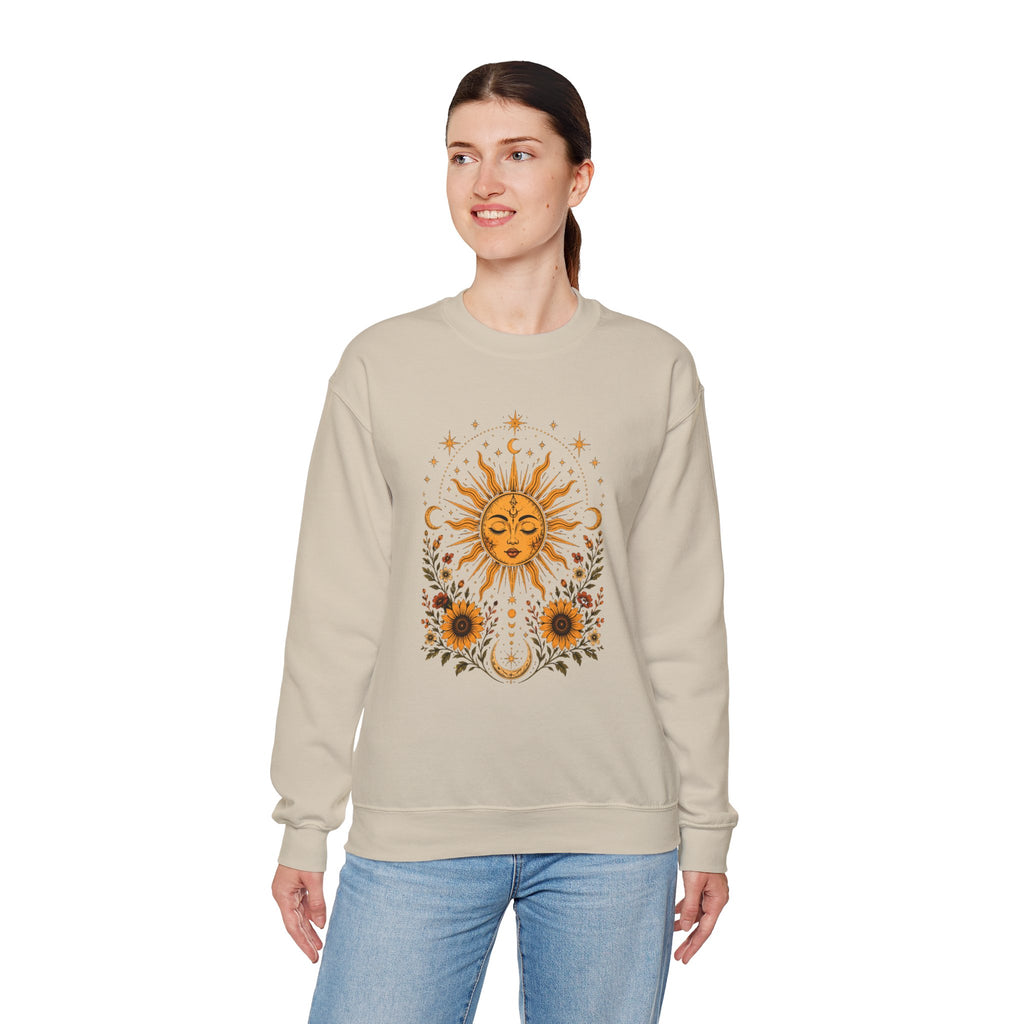 Sun & Sunflower Crewneck Sweatshirt, Boho Celestial Sweatshirt, Vintage Sun Graphic, Cozy Unisex Pullover, Gift for Her