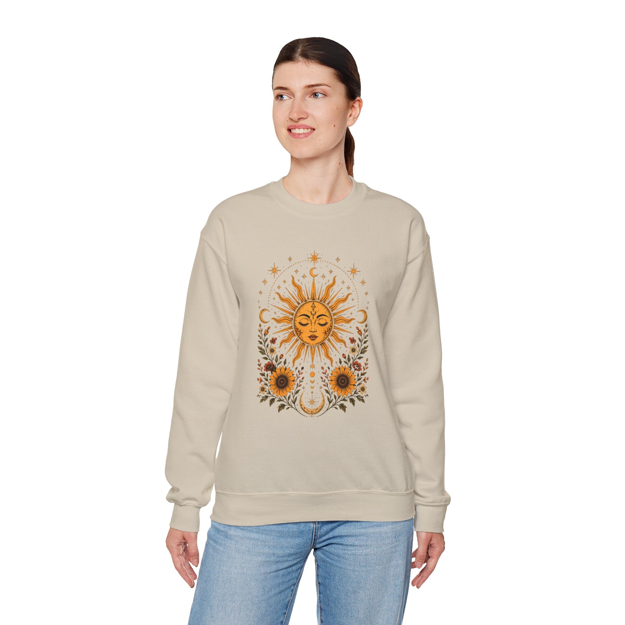 Sun & Sunflower Crewneck Sweatshirt, Boho Celestial Sweatshirt, Vintage Sun Graphic, Cozy Unisex Pullover, Gift for Her