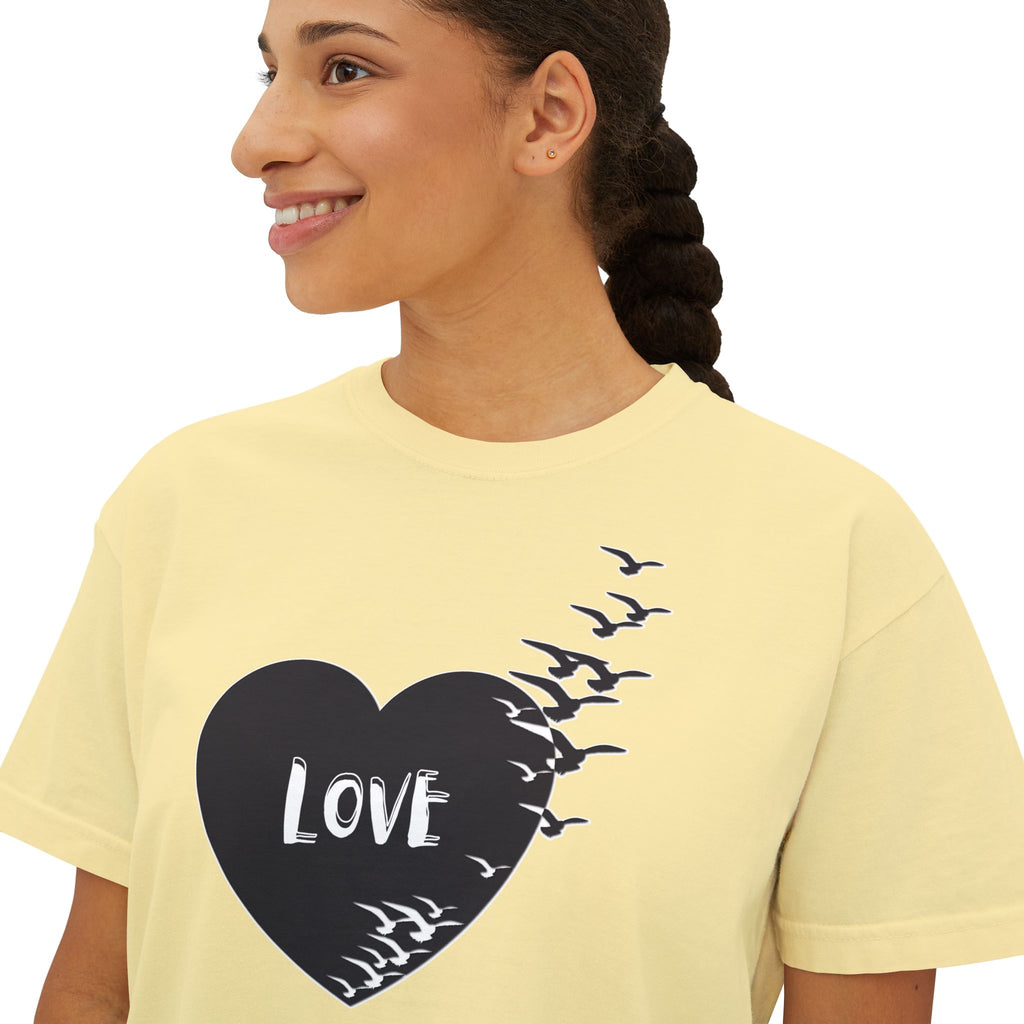 Love Bird Heart Boxy Tee — Women's Casual Graphic Shirt