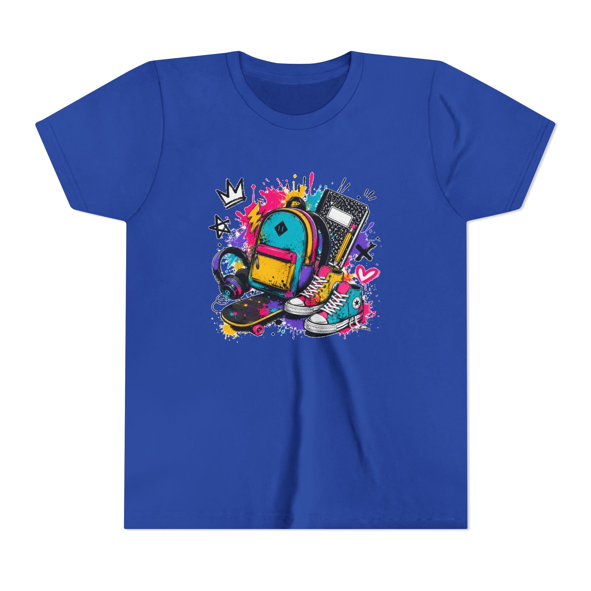 Youth Tee — Colorful Back-to-School Backpack Skateboard Graphic