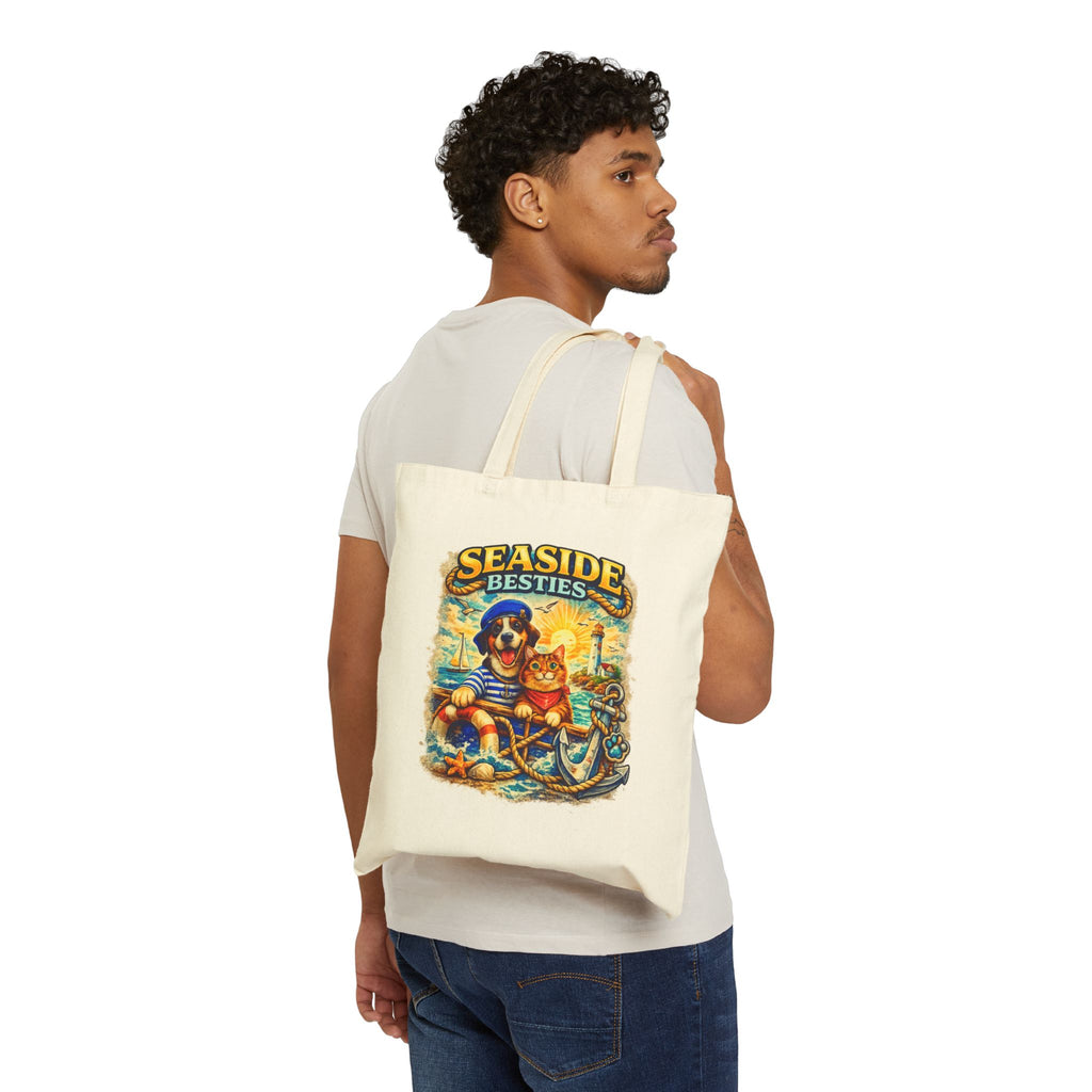 Seaside Besties Tote Bag | Beach Dog & Cat Tote Bag | Coastal Canvas Bag | Ocean Lover Gift
