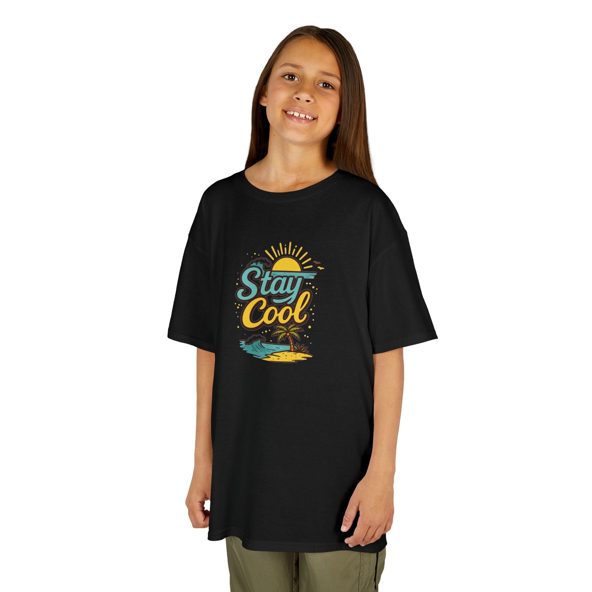 Kids "Stay Cool" Beach Graphic Tee — Tropical Sun & Palm Vacation Shirt