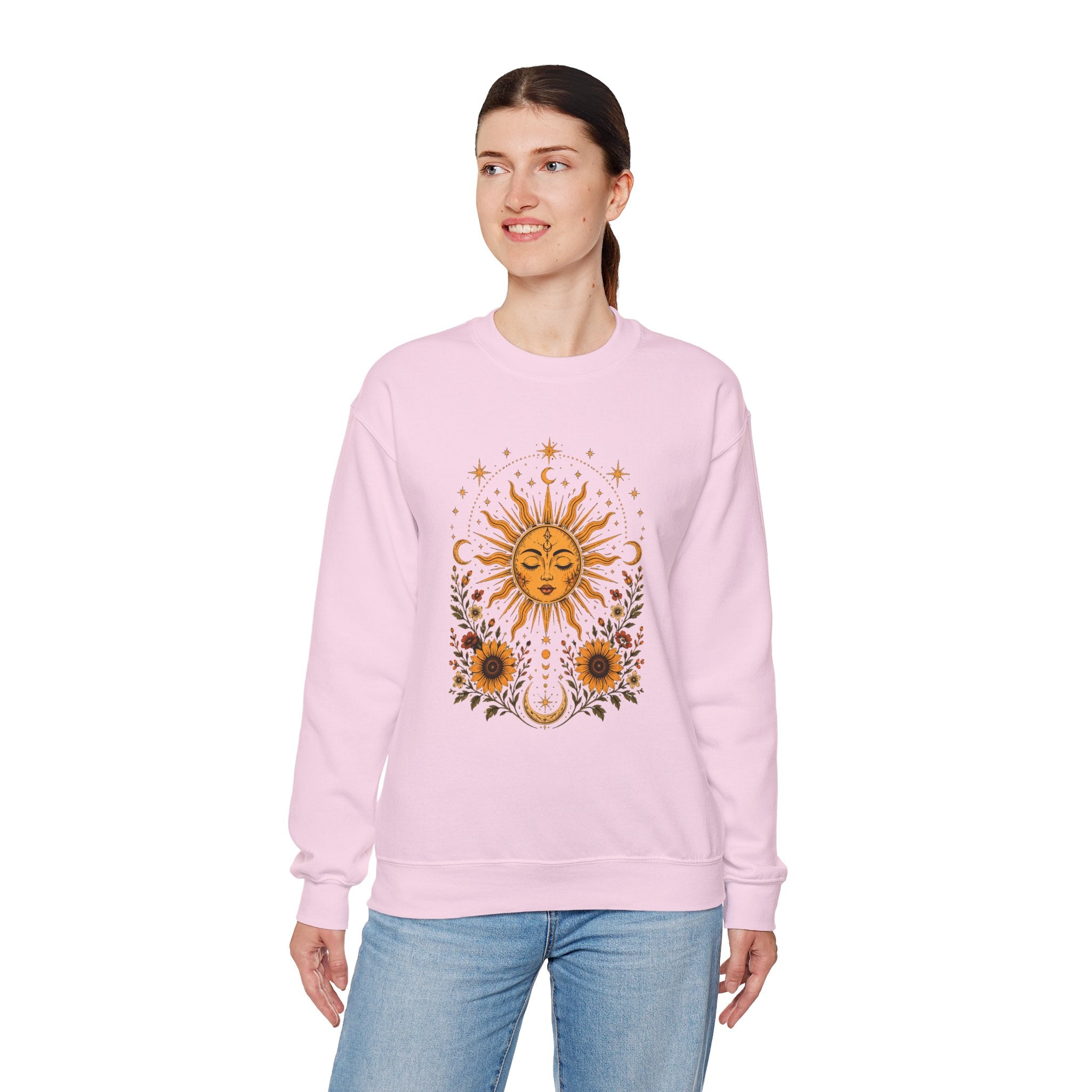 Sun & Sunflower Crewneck Sweatshirt, Boho Celestial Sweatshirt, Vintage Sun Graphic, Cozy Unisex Pullover, Gift for Her