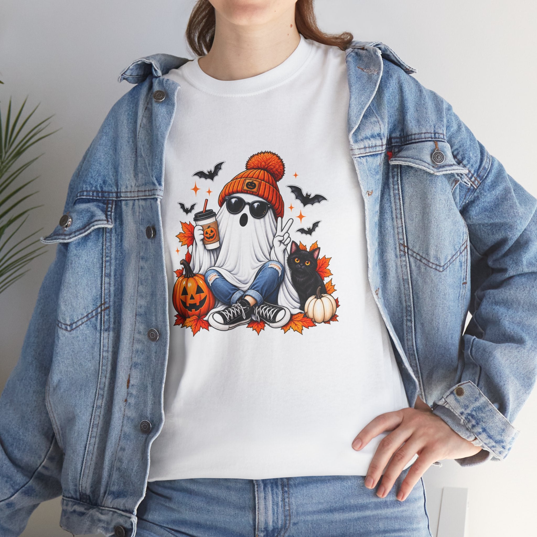 Halloween Ghost T-Shirt, Cute Spooky Pumpkin Cat Tee, Cozy Fall Coffee Graphic Shirt, Halloween Gift for Her
