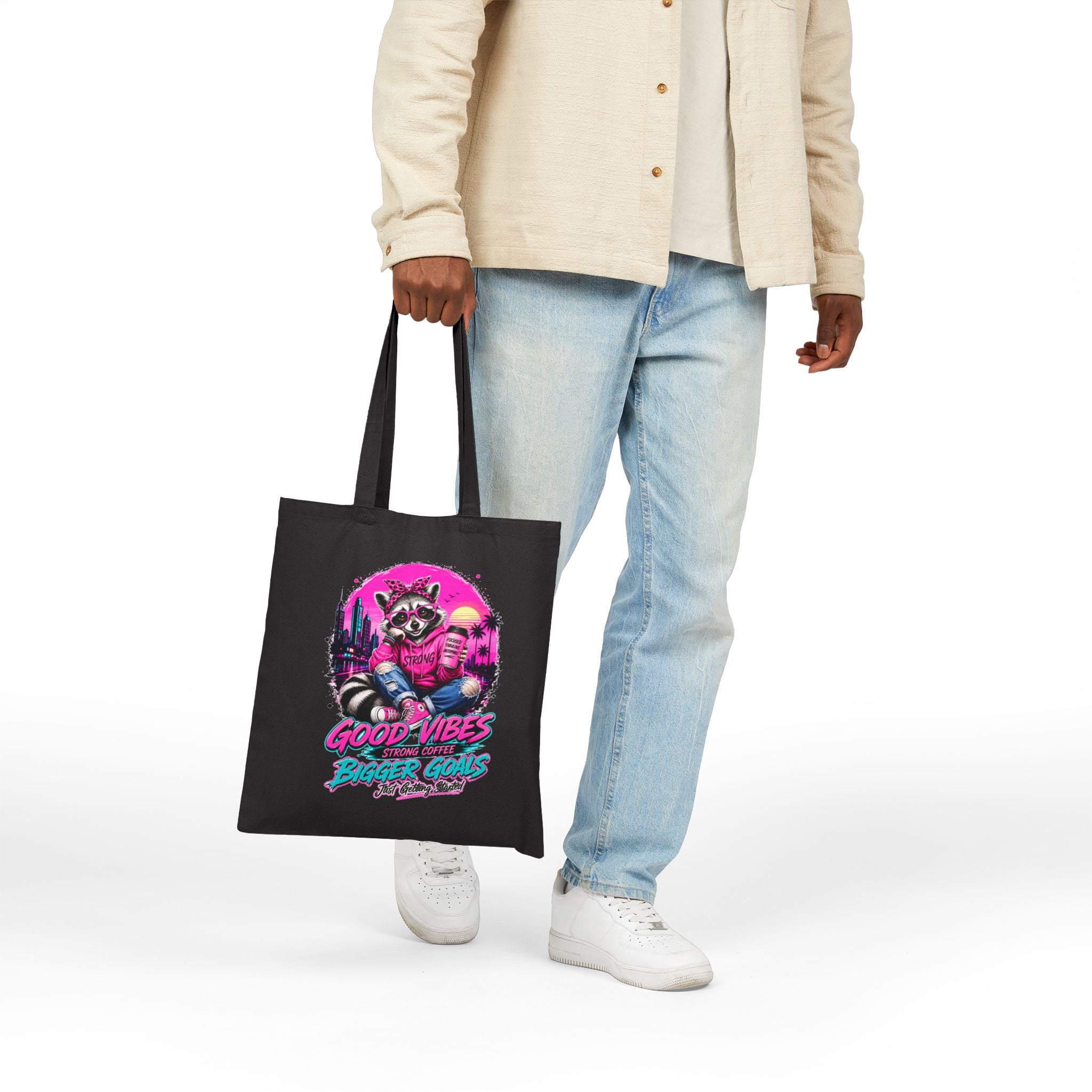 Cute Raccoon Tote Bag, Coffee Lover Gift, Good Vibes Bigger Goals Bag, Funny Reusable Grocery Tote, Aesthetic Canvas Style Shoulder Bag