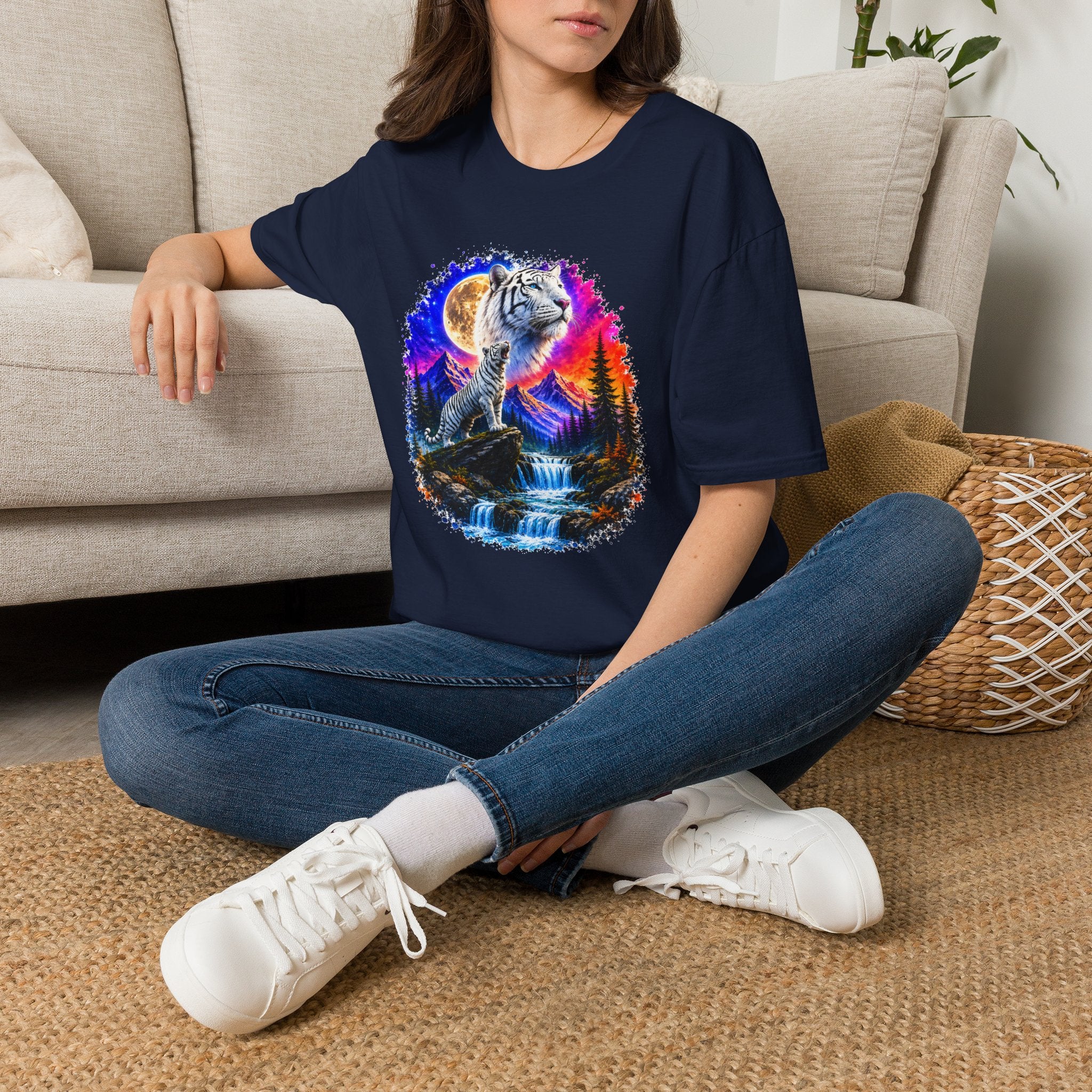 White Tiger Moon T-Shirt | Colorful Wildlife Graphic Tee | Big Cat Lover Gift | Nature Shirt