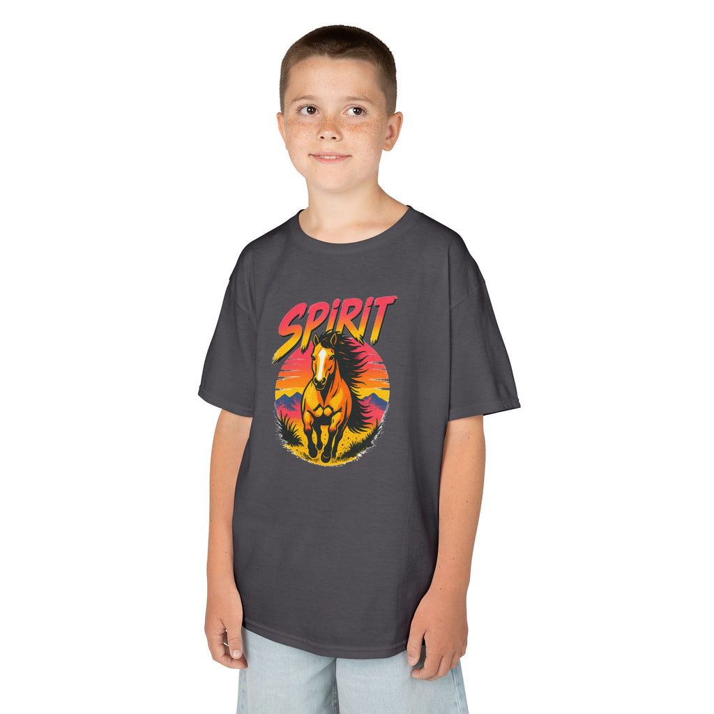 Spirit Horse Kids T‑Shirt — Retro Sunset Wild Horse Graphic Tee