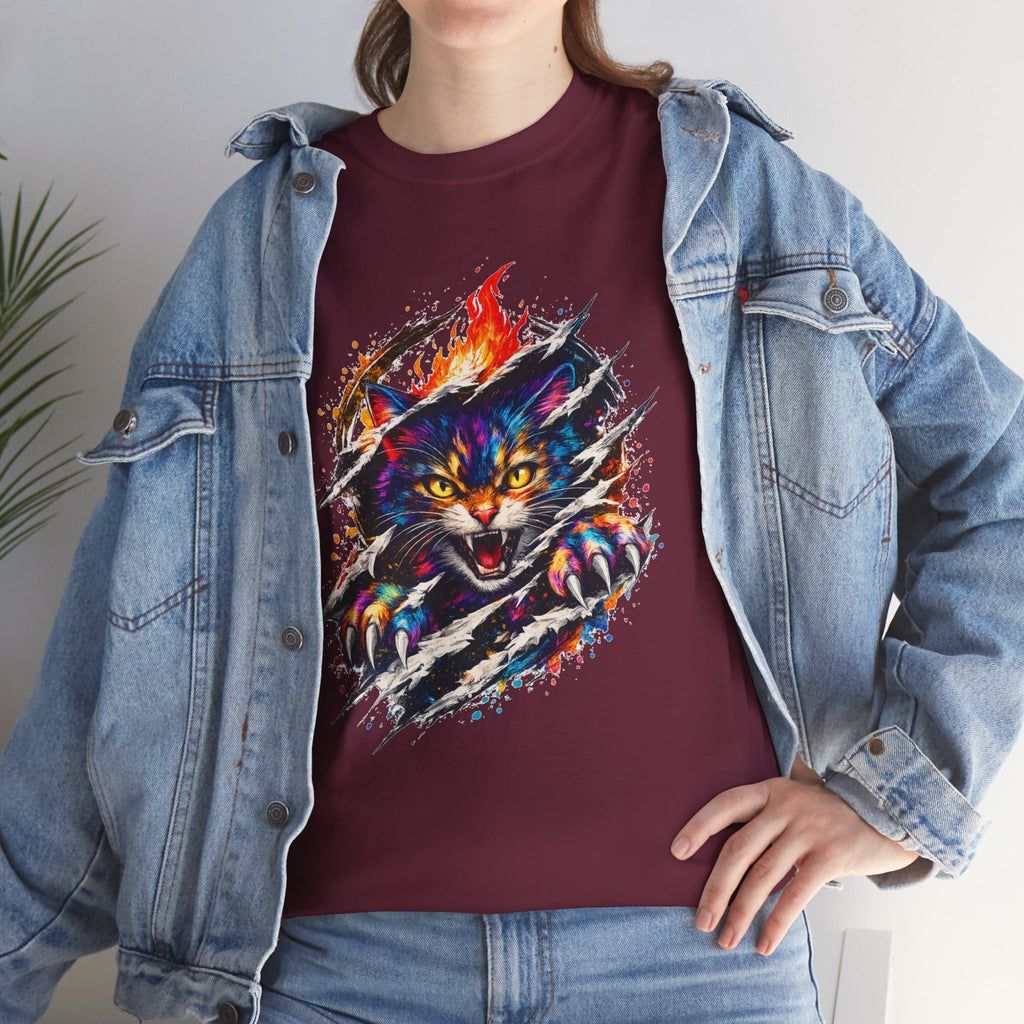 Colorful Angry Cat Rip Through Graphic Tee | Neon Cat T-Shirt | Unisex Streetwear Shirt | Fierce Cat Art | Gift for Cat Lovers