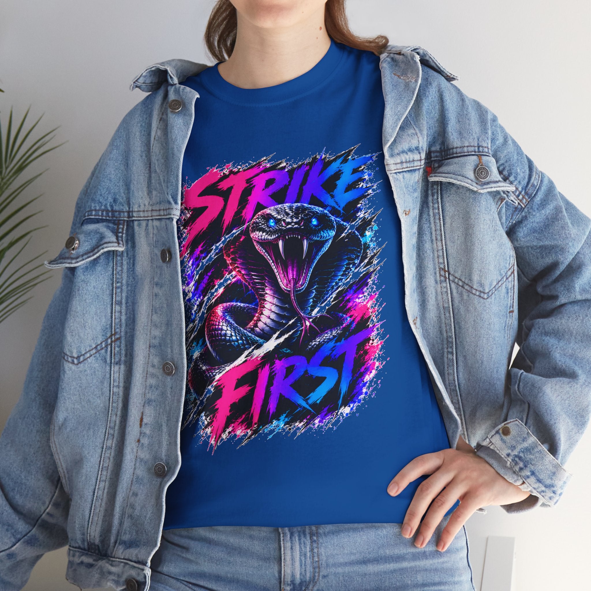 Strike First Cobra T-Shirt | Neon Snake Graphic Tee | Bold Streetwear Shirt | Unisex Graphic Tee