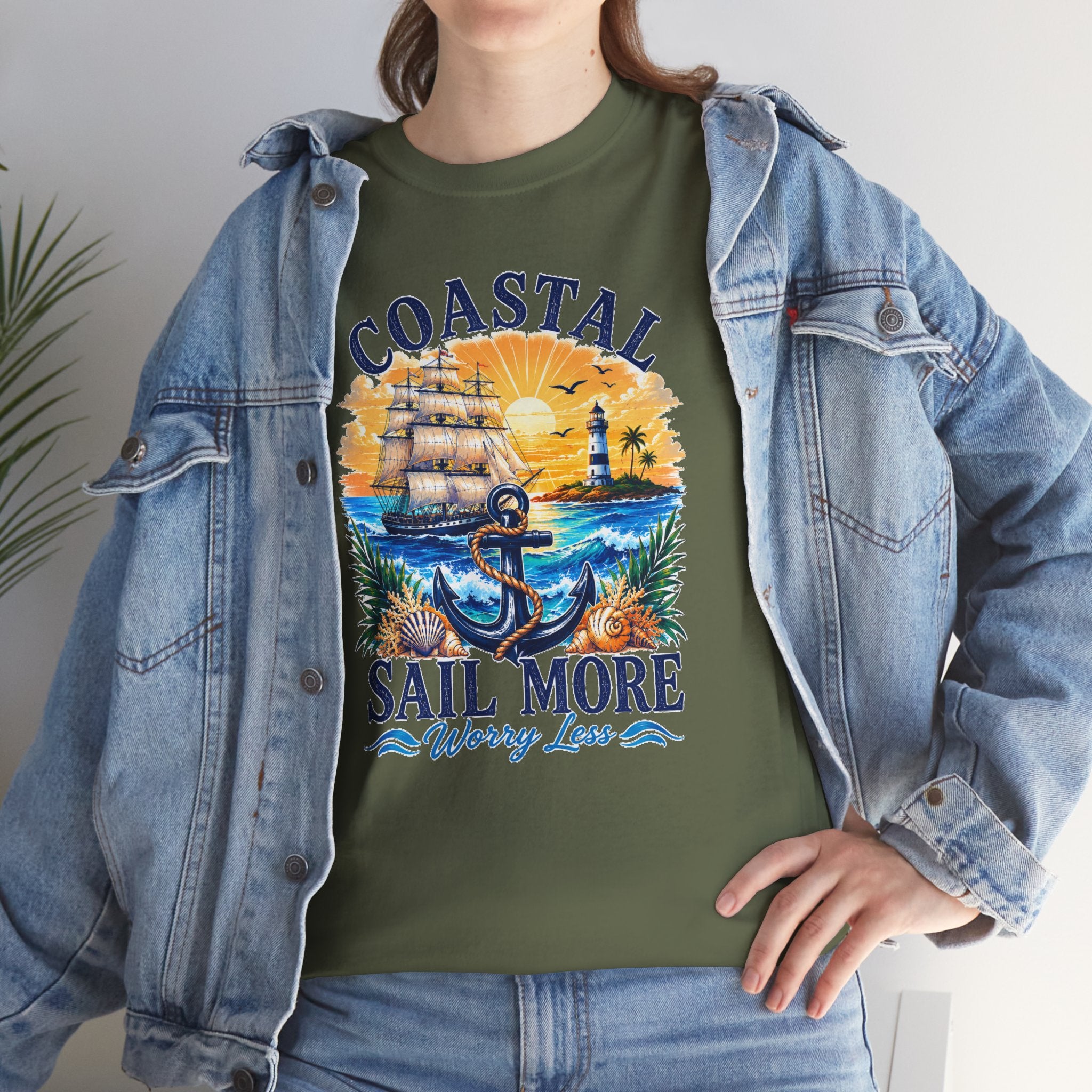 Coastal Sail More Worry Less T-Shirt | Nautical Beach Graphic Tee | Sailing Lover Shirt | Ocean Sunset Gift